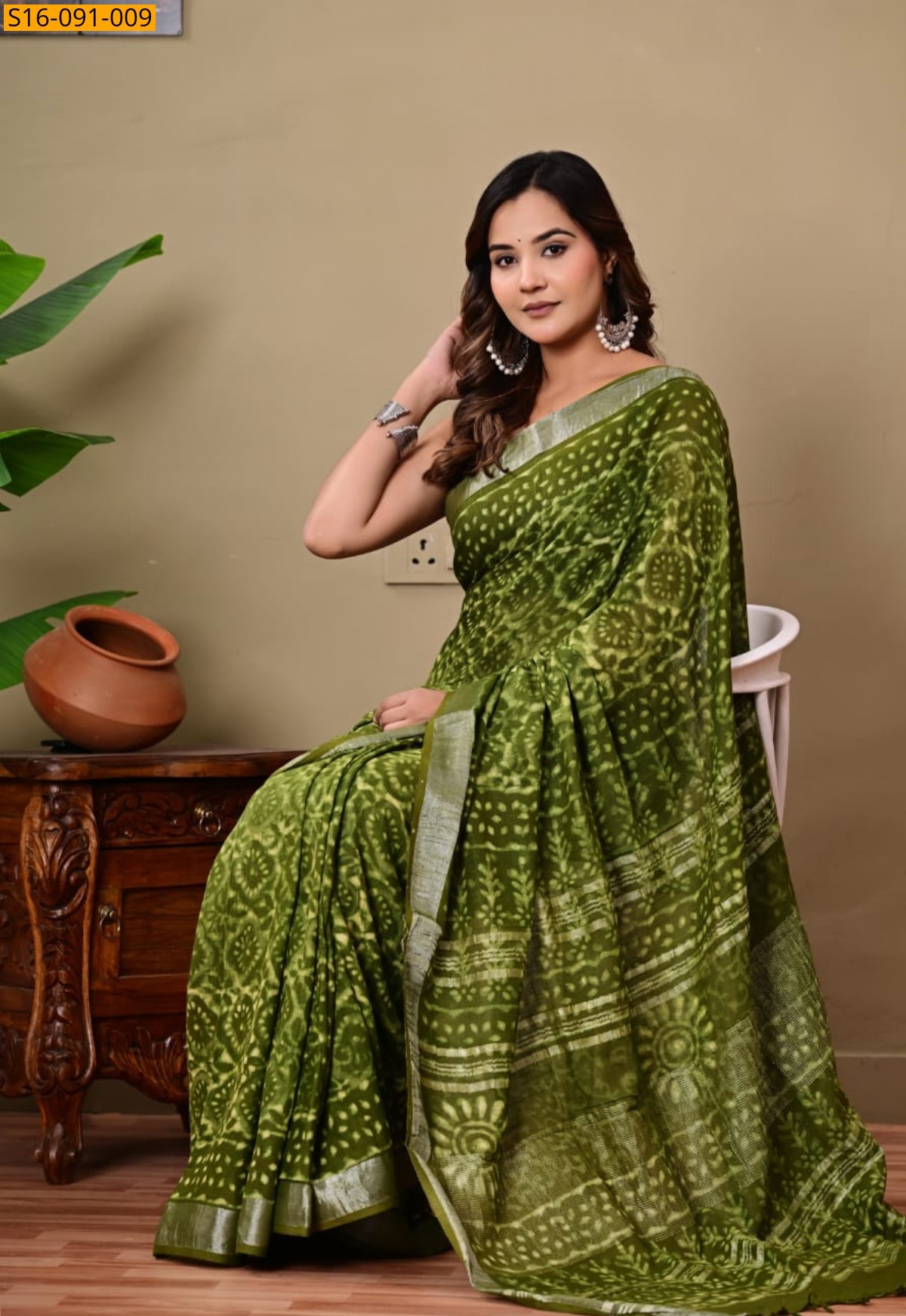 Green Linen Printed Saree