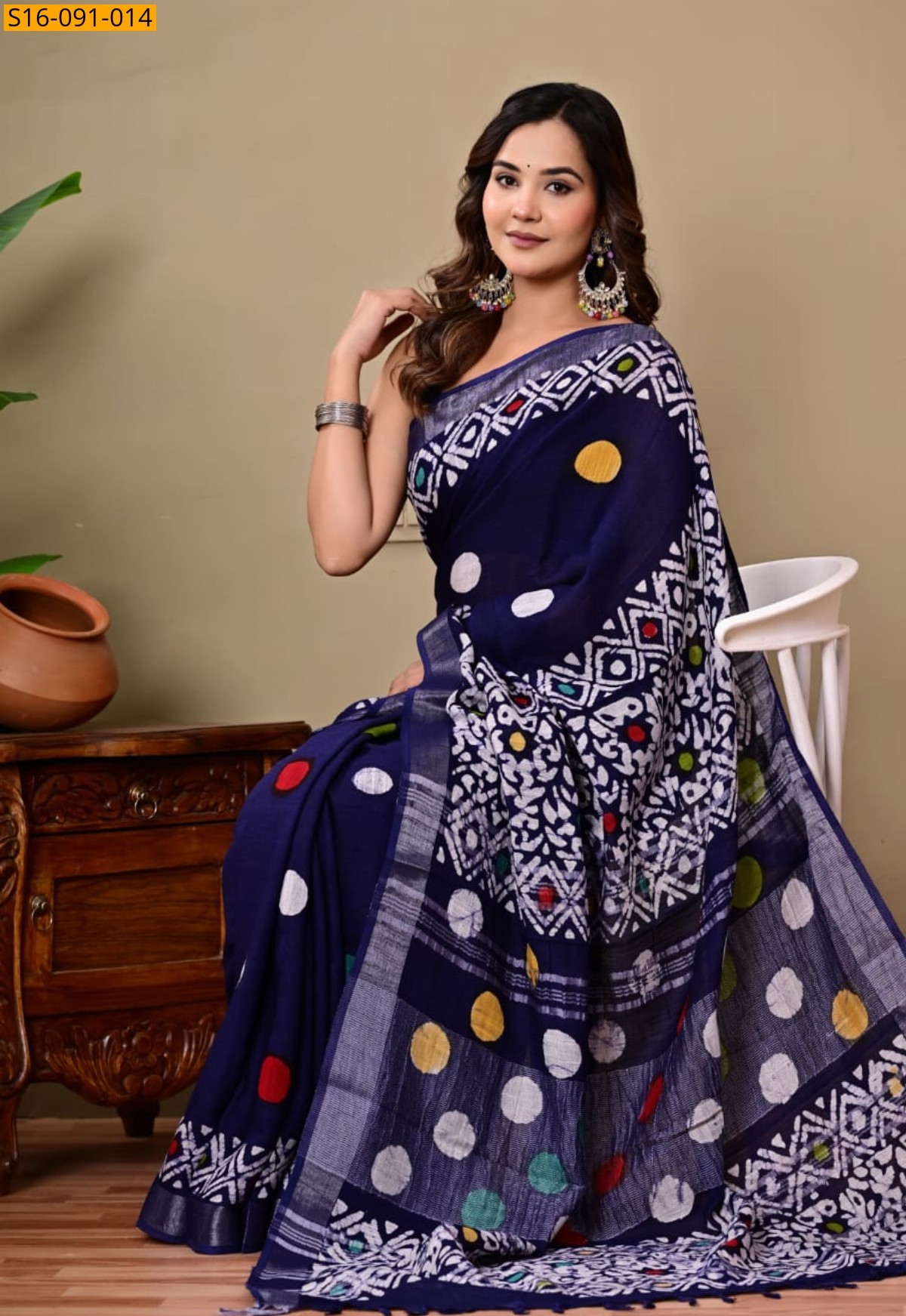 Blue Linen Printed Saree