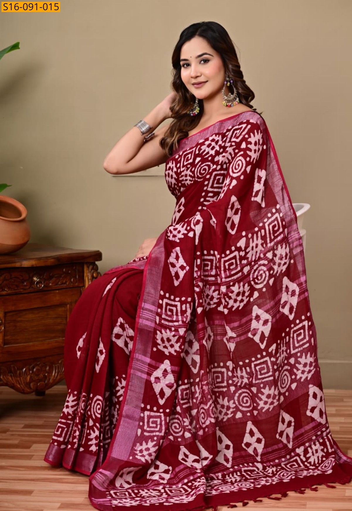 Red Linen Printed Saree