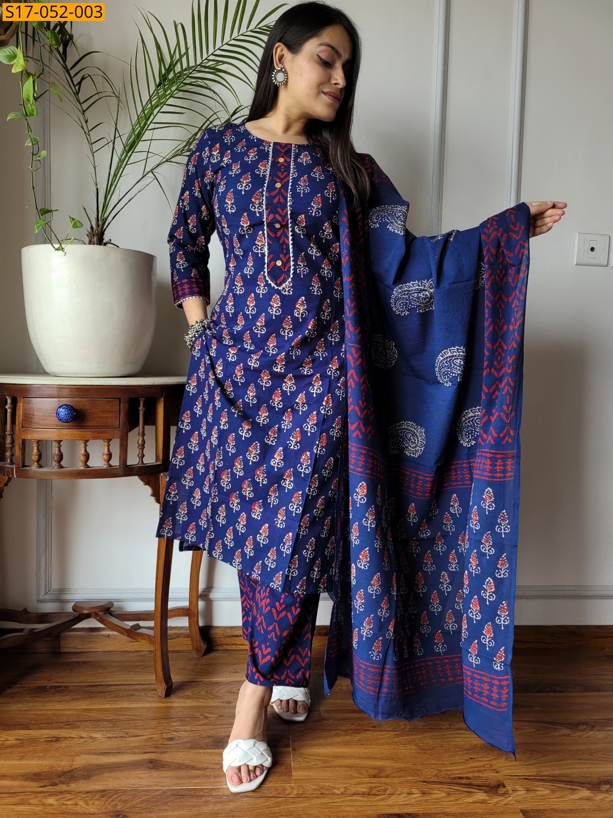 Blue Hand block printed designer Cotton Stitched Suit