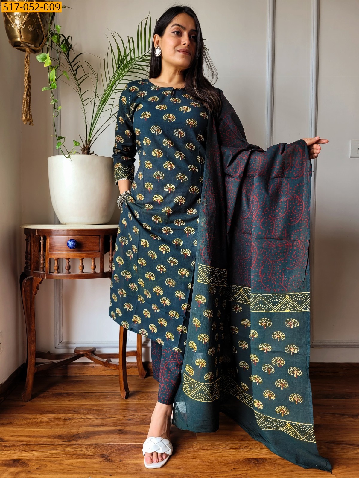 Green Hand block printed designer Cotton Stitched Suit