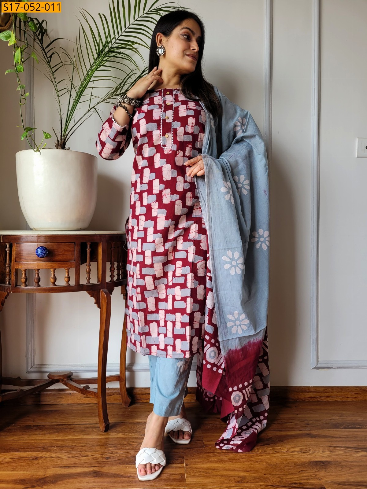 Red Hand block printed designer Cotton Stitched Suit