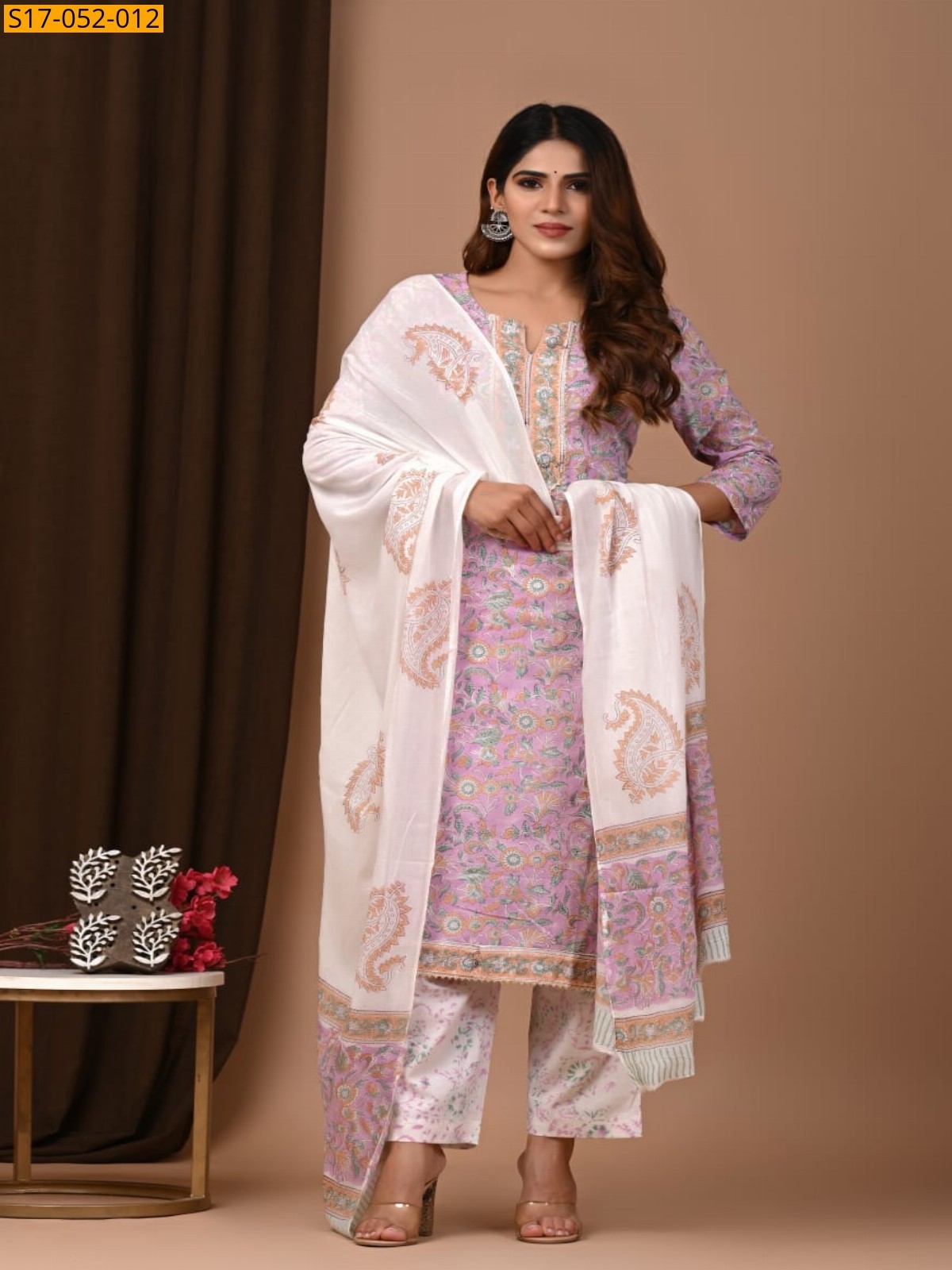 Half white FANCY HAND BLOCK PRINTED 3 PCS SET