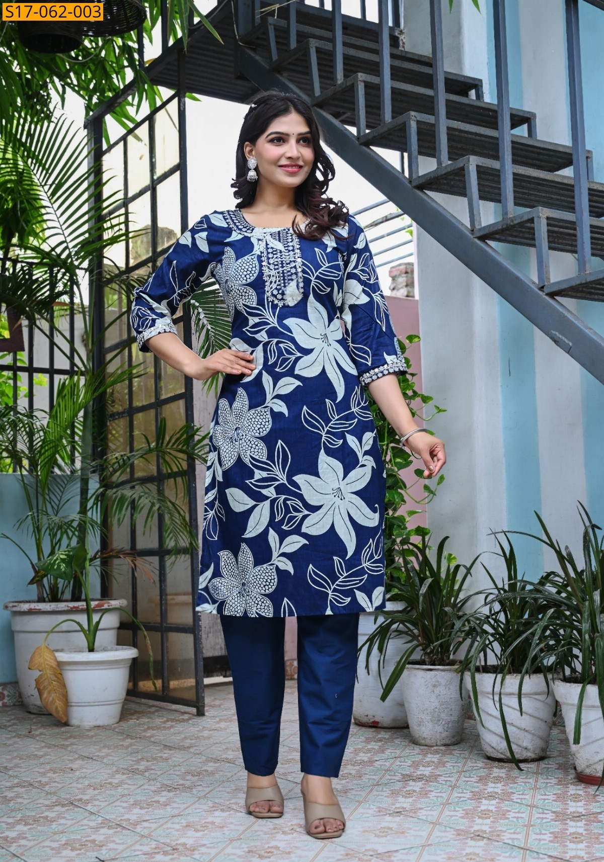 Navy Blue Cotton handwoven kurti set