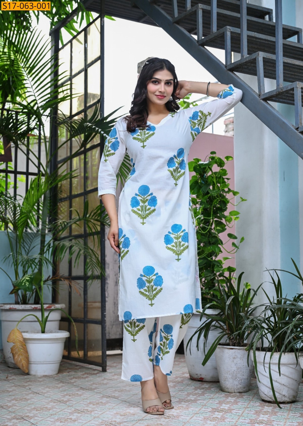 White with Blue Cotton handwoven kurti set