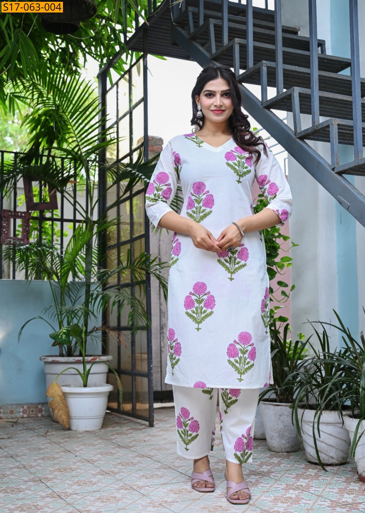 White with Pink Cotton handwoven kurti set