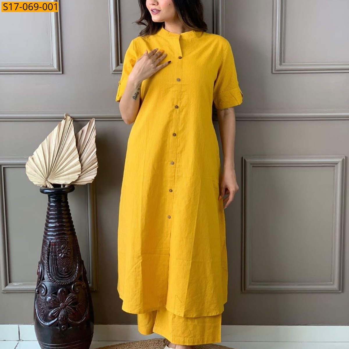 Mustard Cotton aline handwoven kurti set