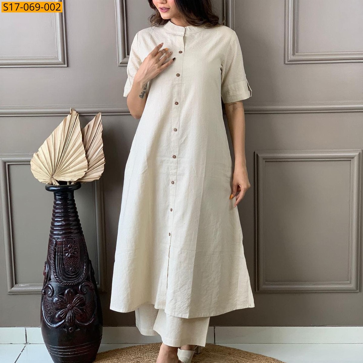 Half White Cotton aline handwoven kurti set