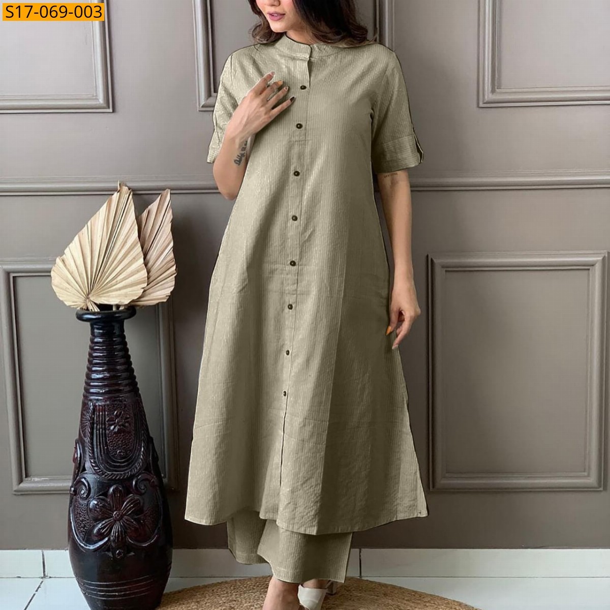 Light Olive Cotton aline handwoven kurti set