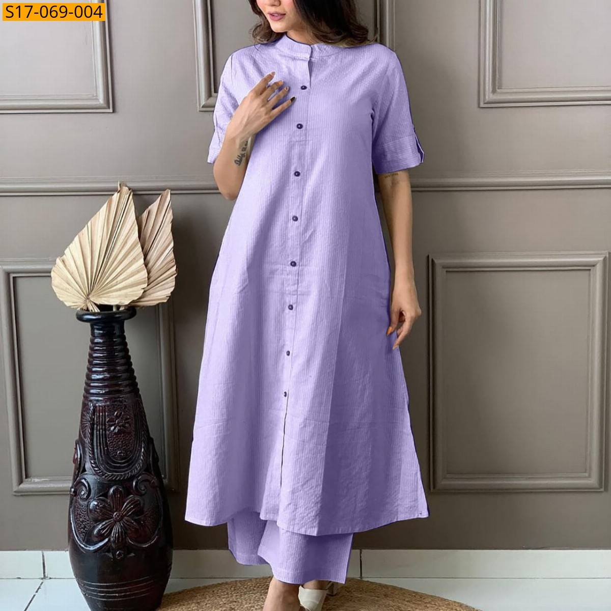 Violet Cotton aline handwoven kurti set