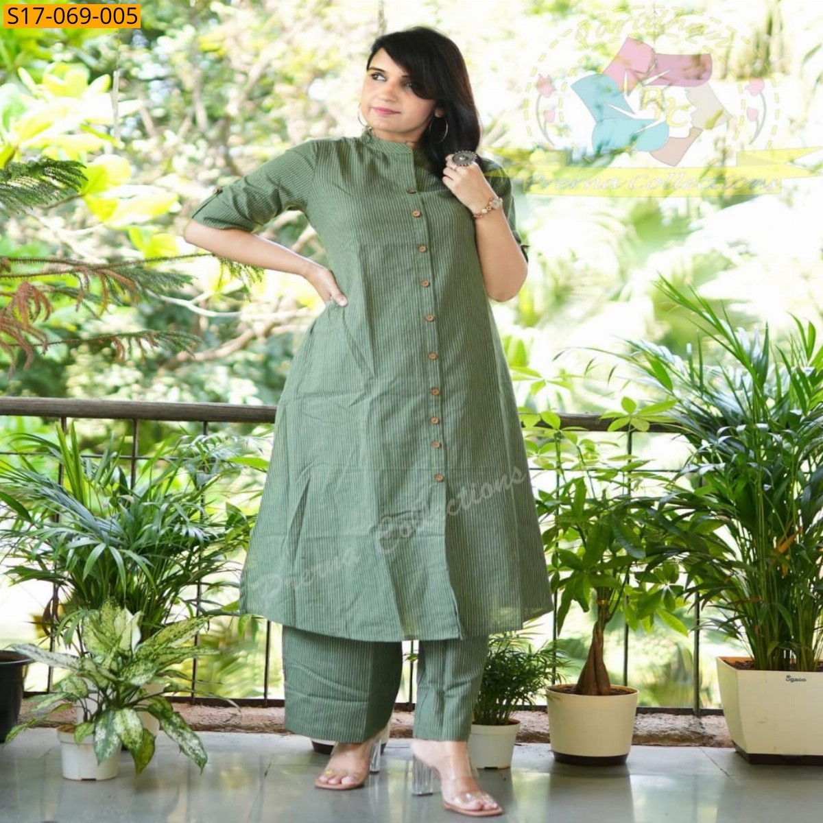 Green Cotton aline handwoven kurti set