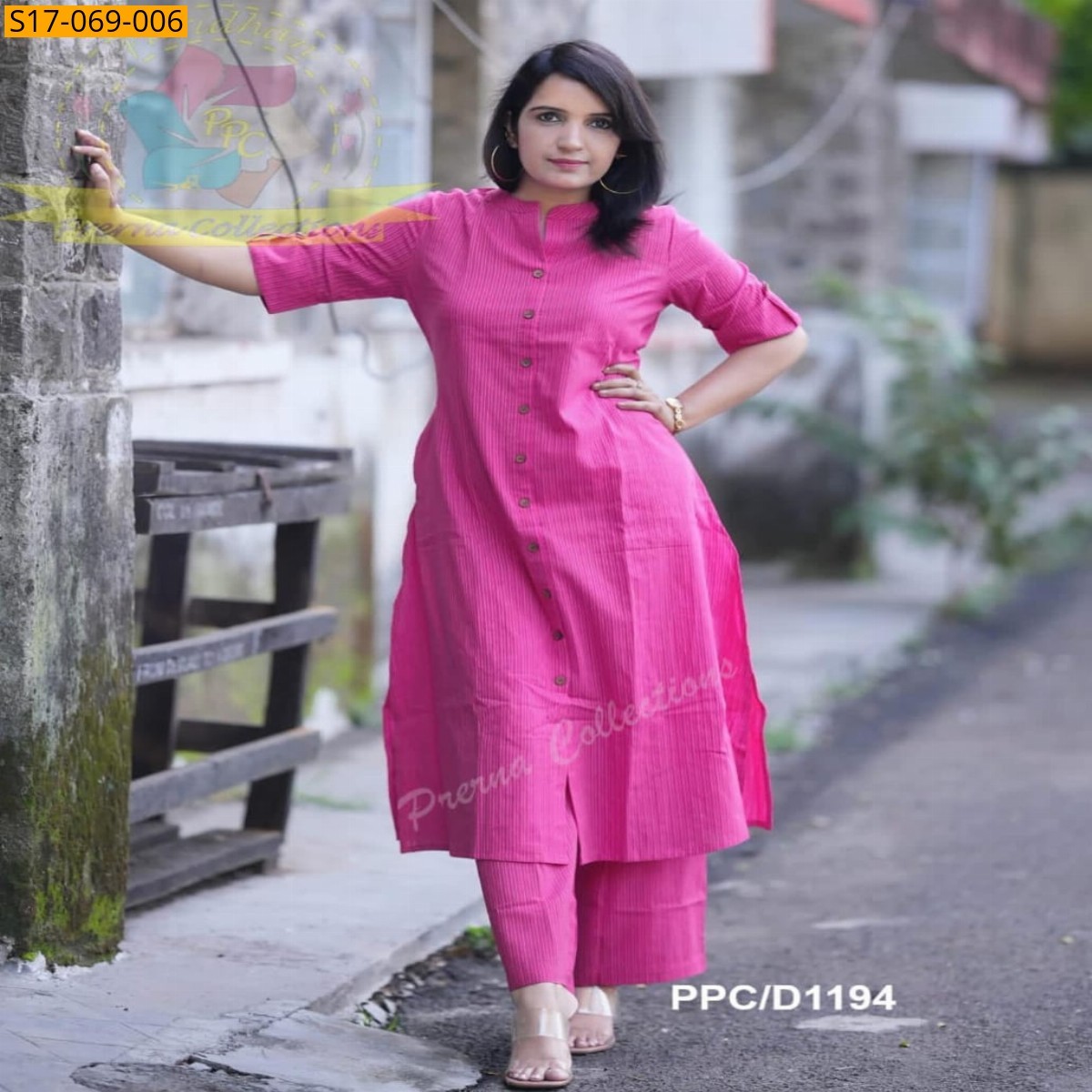 Pink Cotton aline handwoven kurti set