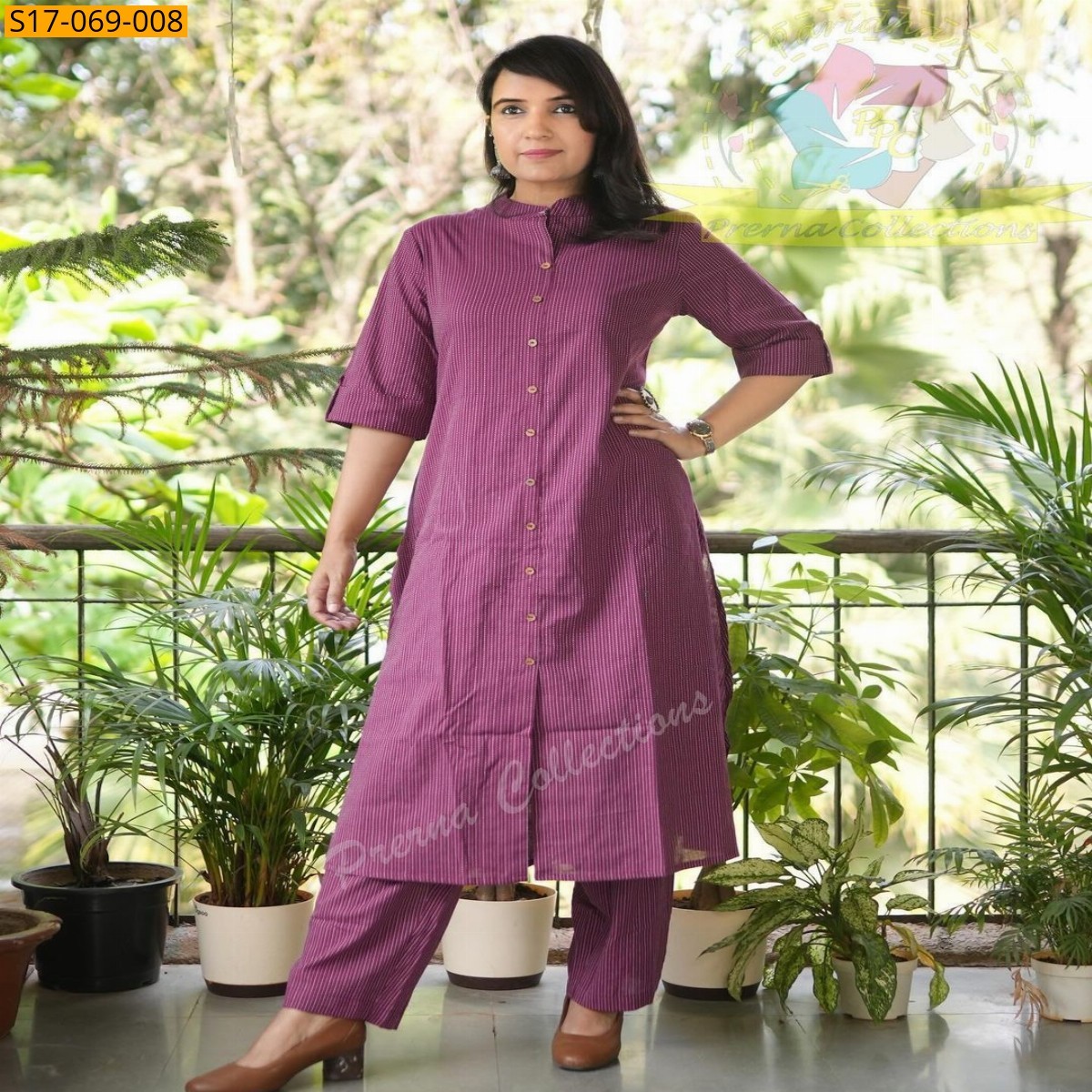 Magenta Cotton aline handwoven kurti set