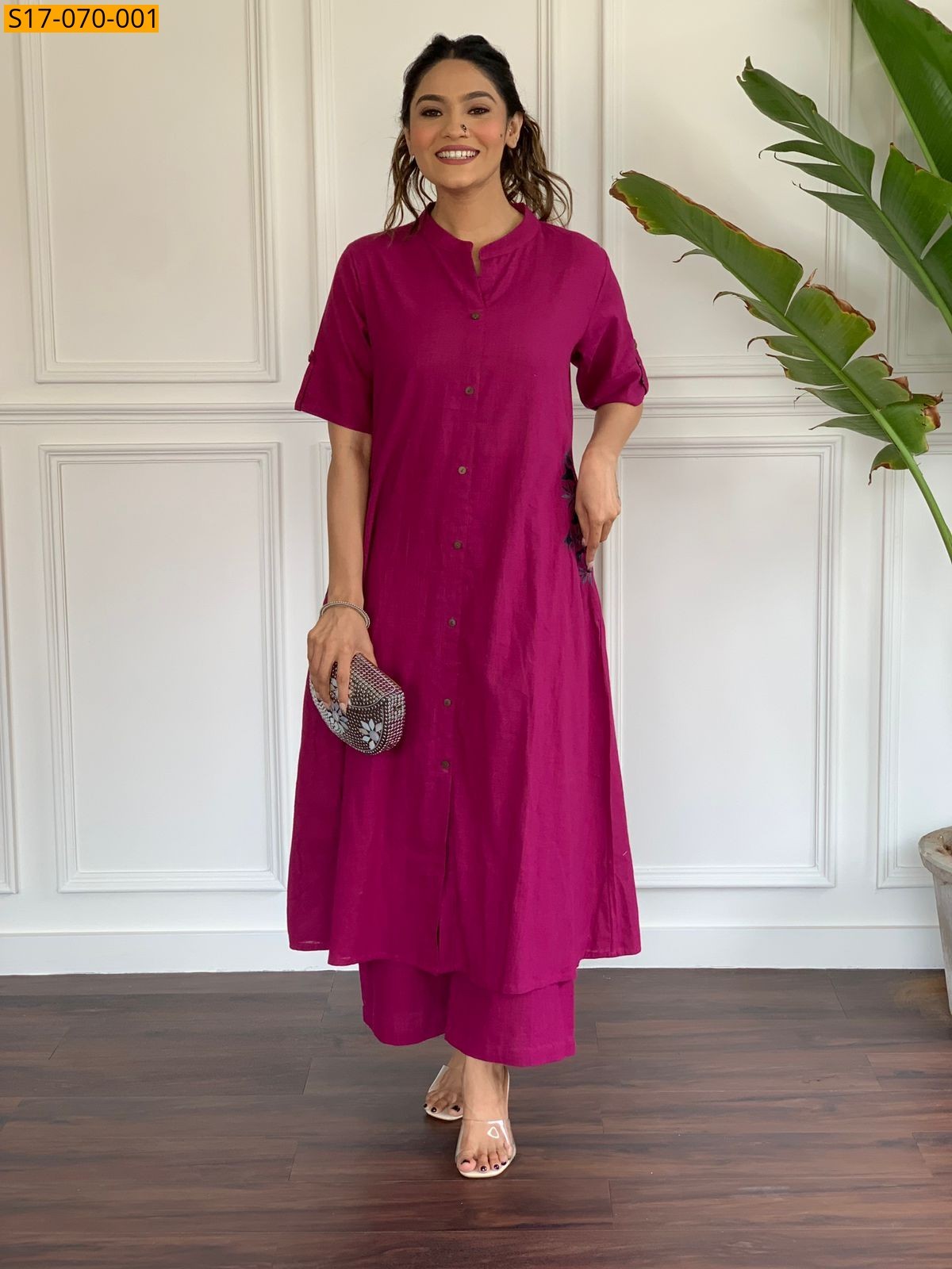 Magenta Cotton slub aline kurti set