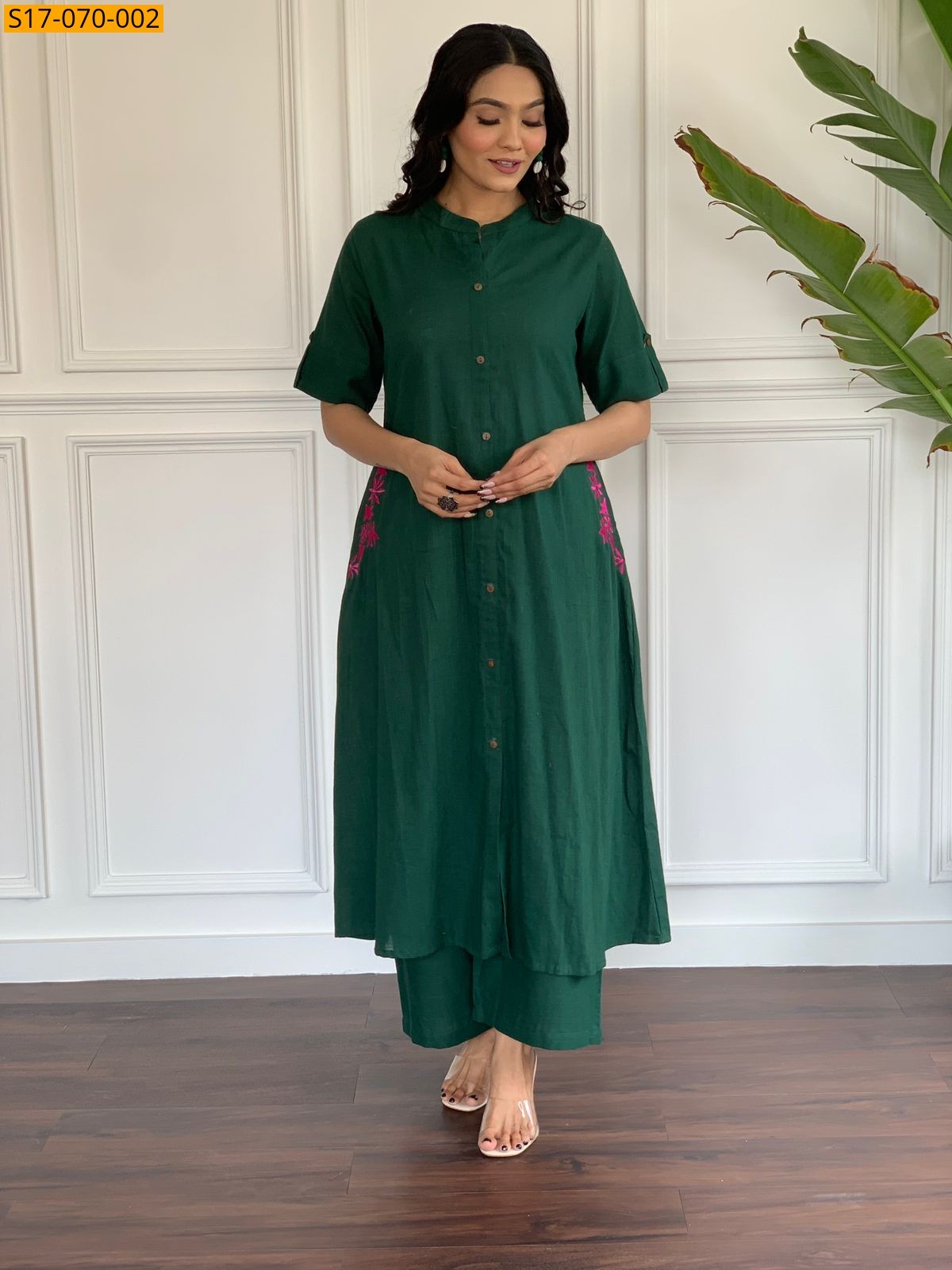 Green Cotton slub aline kurti set