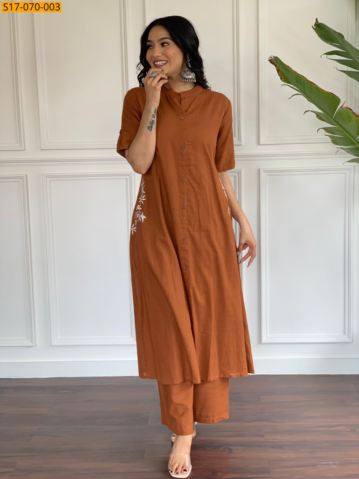 Brown Cotton slub aline kurti set
