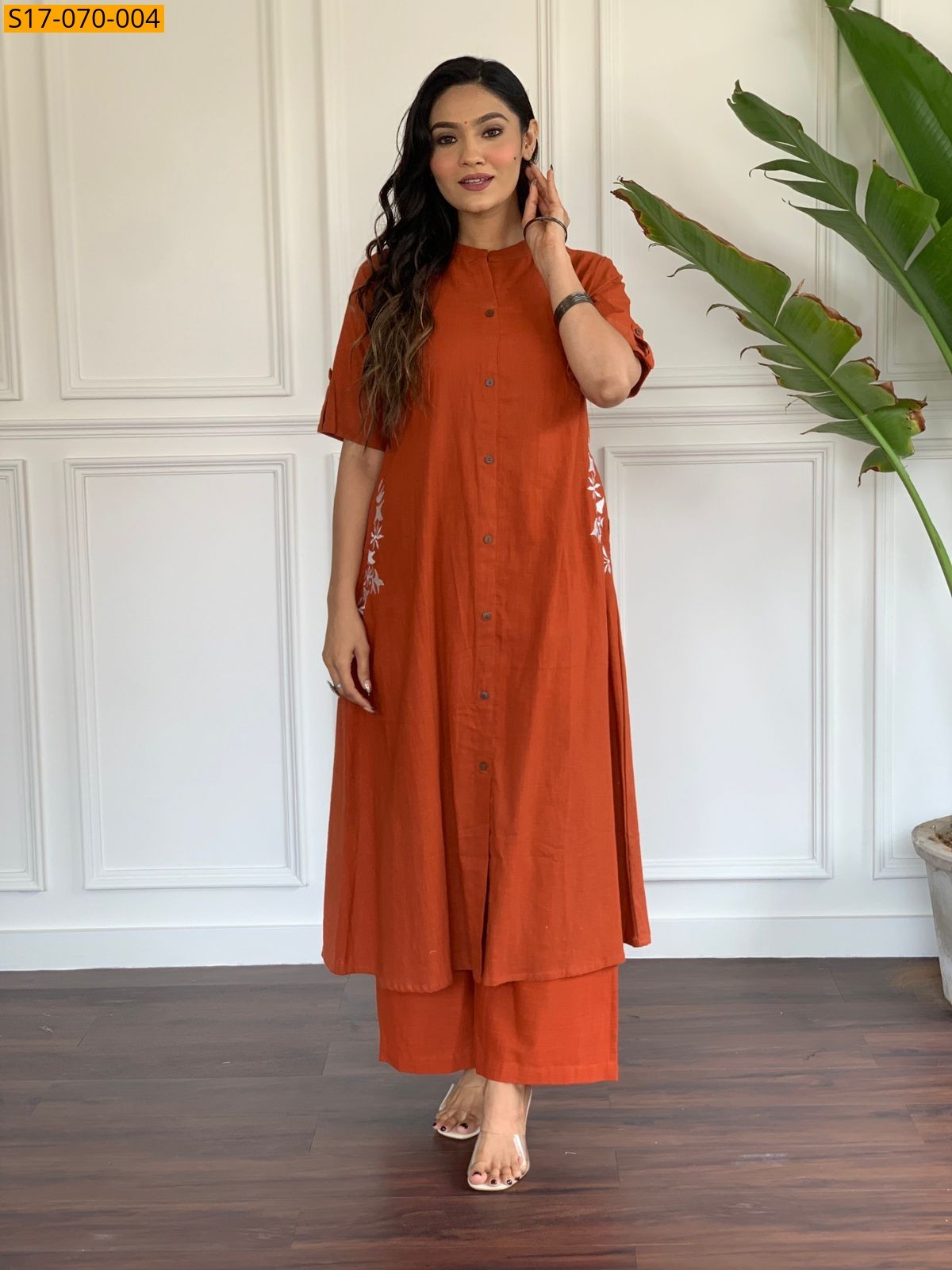 Orange Cotton slub aline kurti set