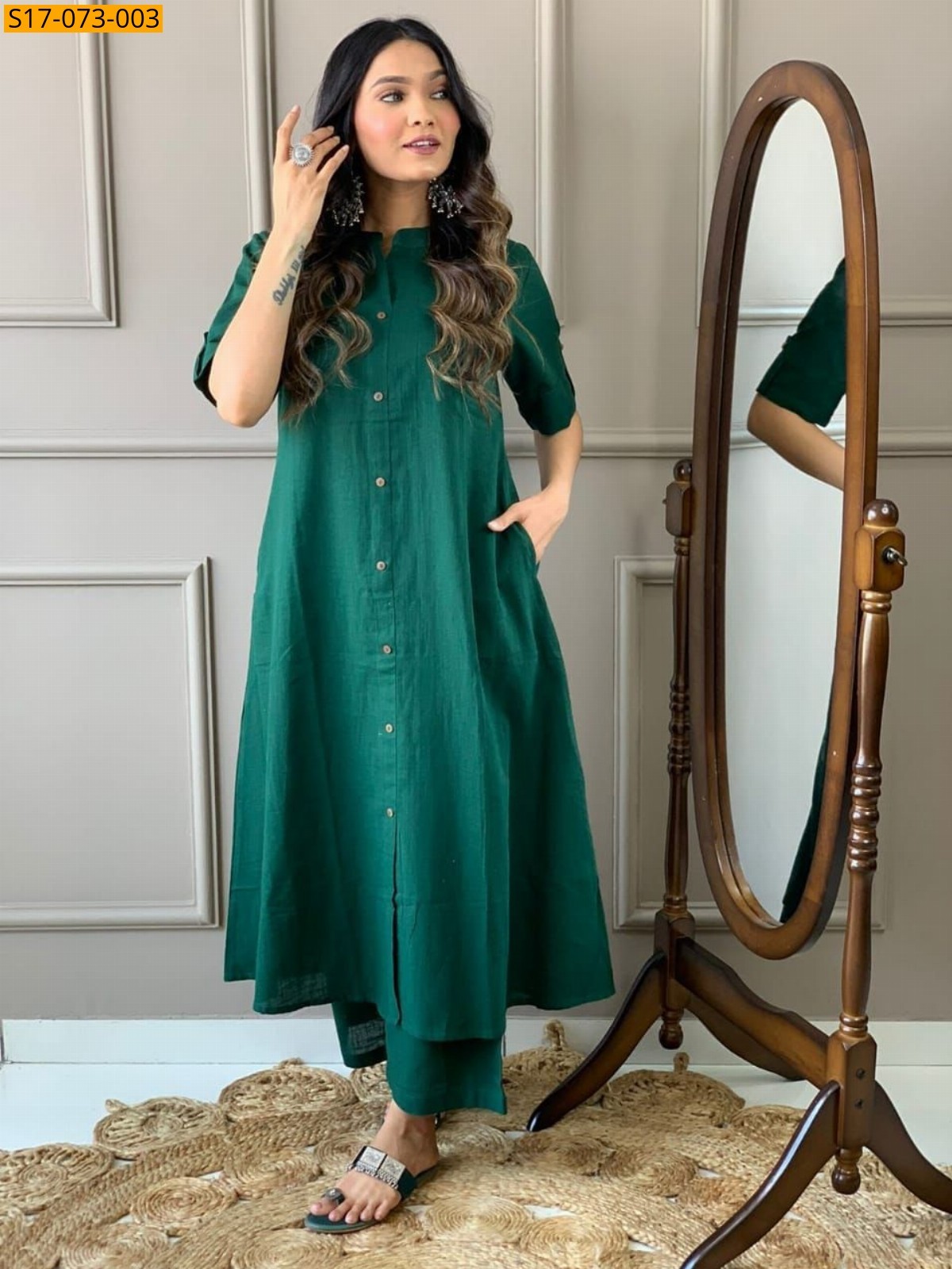 Green Fancy kurti palazzo cotton set