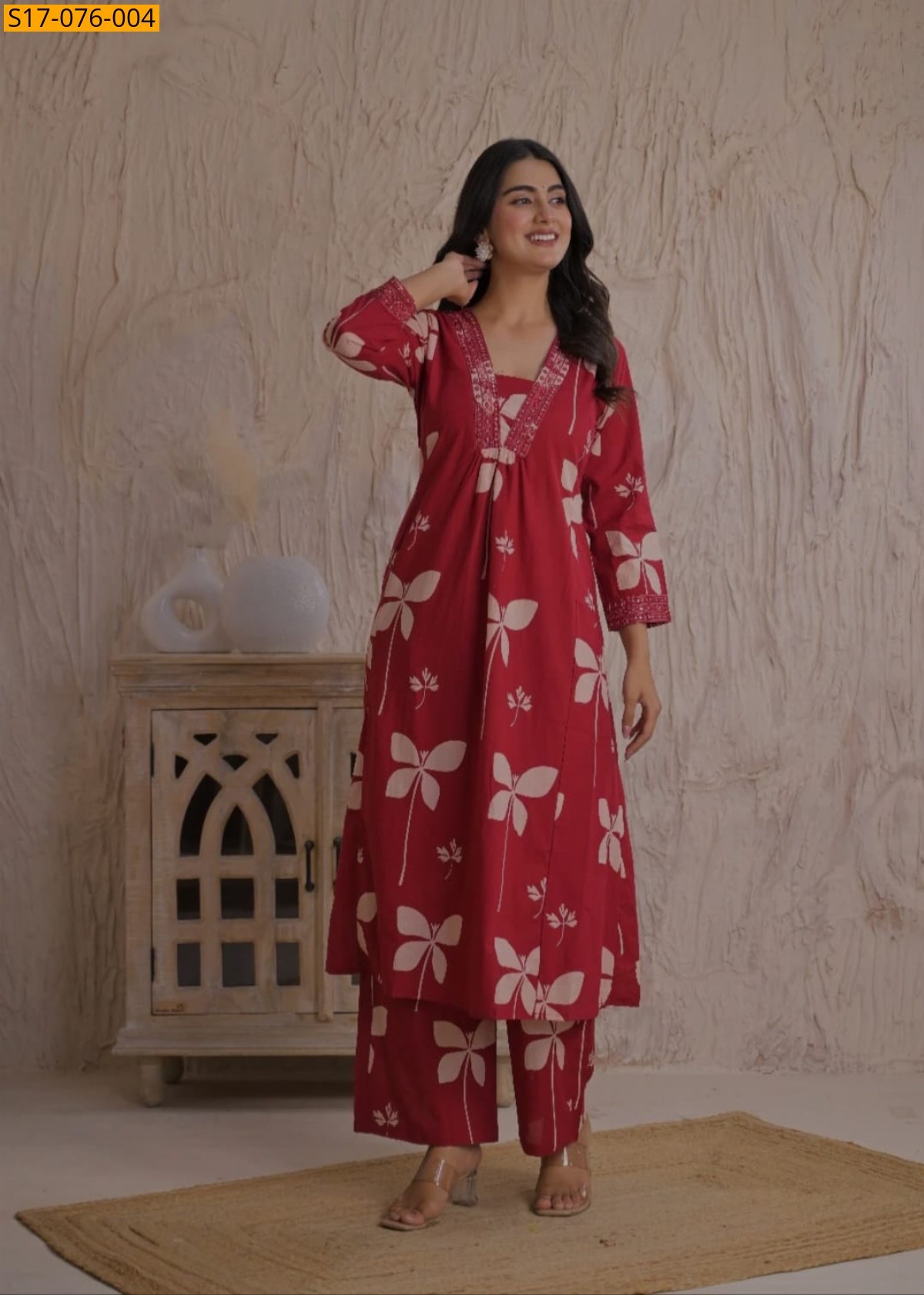 Red Cotton Kurti with pant set