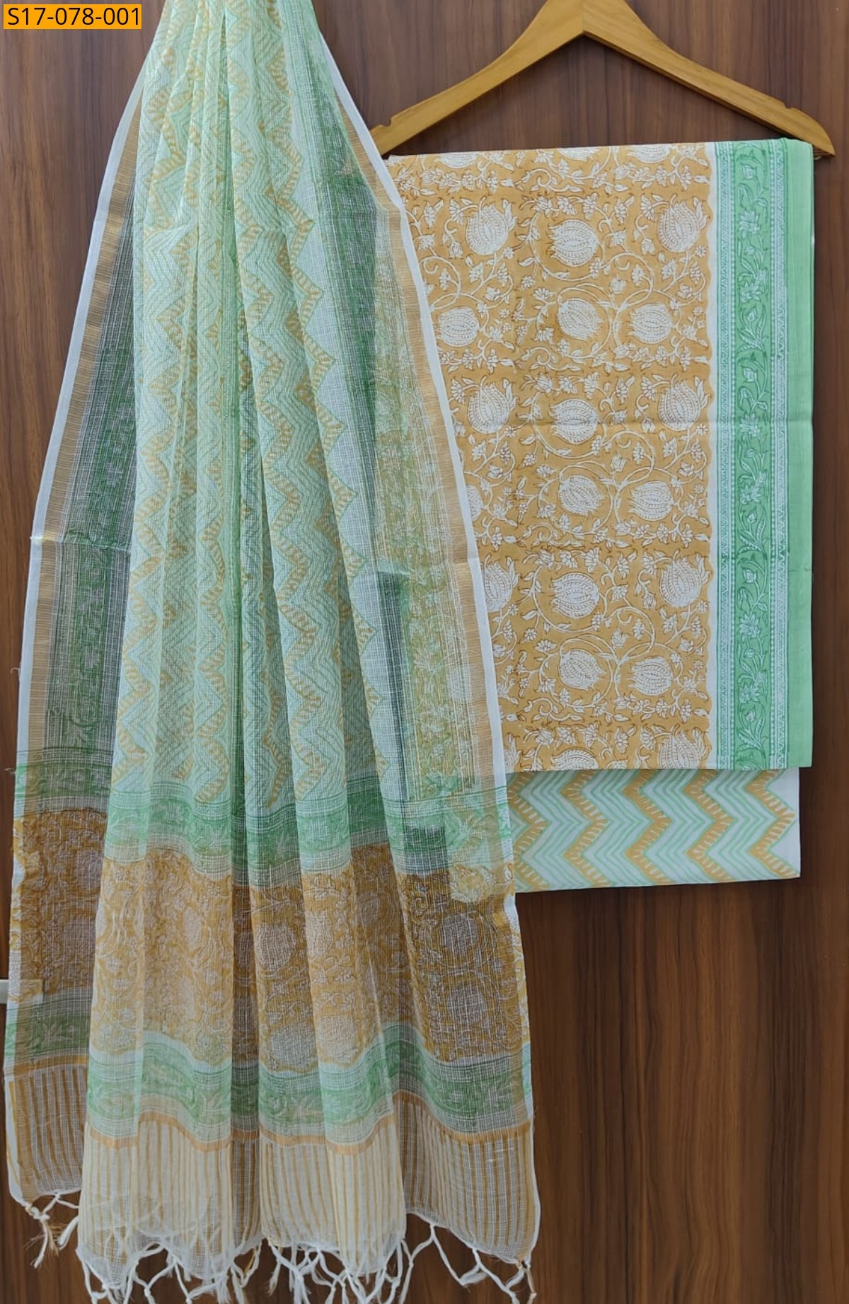 Pista green Cotton Suits with Kota Doriya Dupatta(Unstiched)