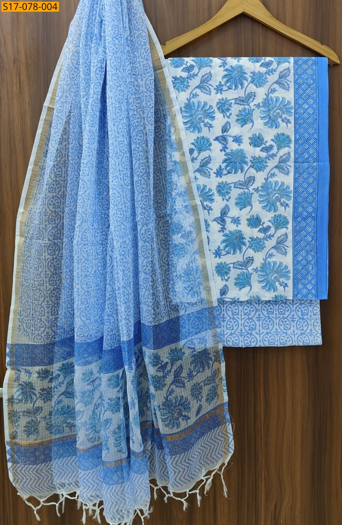 Sky blue Cotton Suits with Kota Doriya Dupatta(Unstiched)