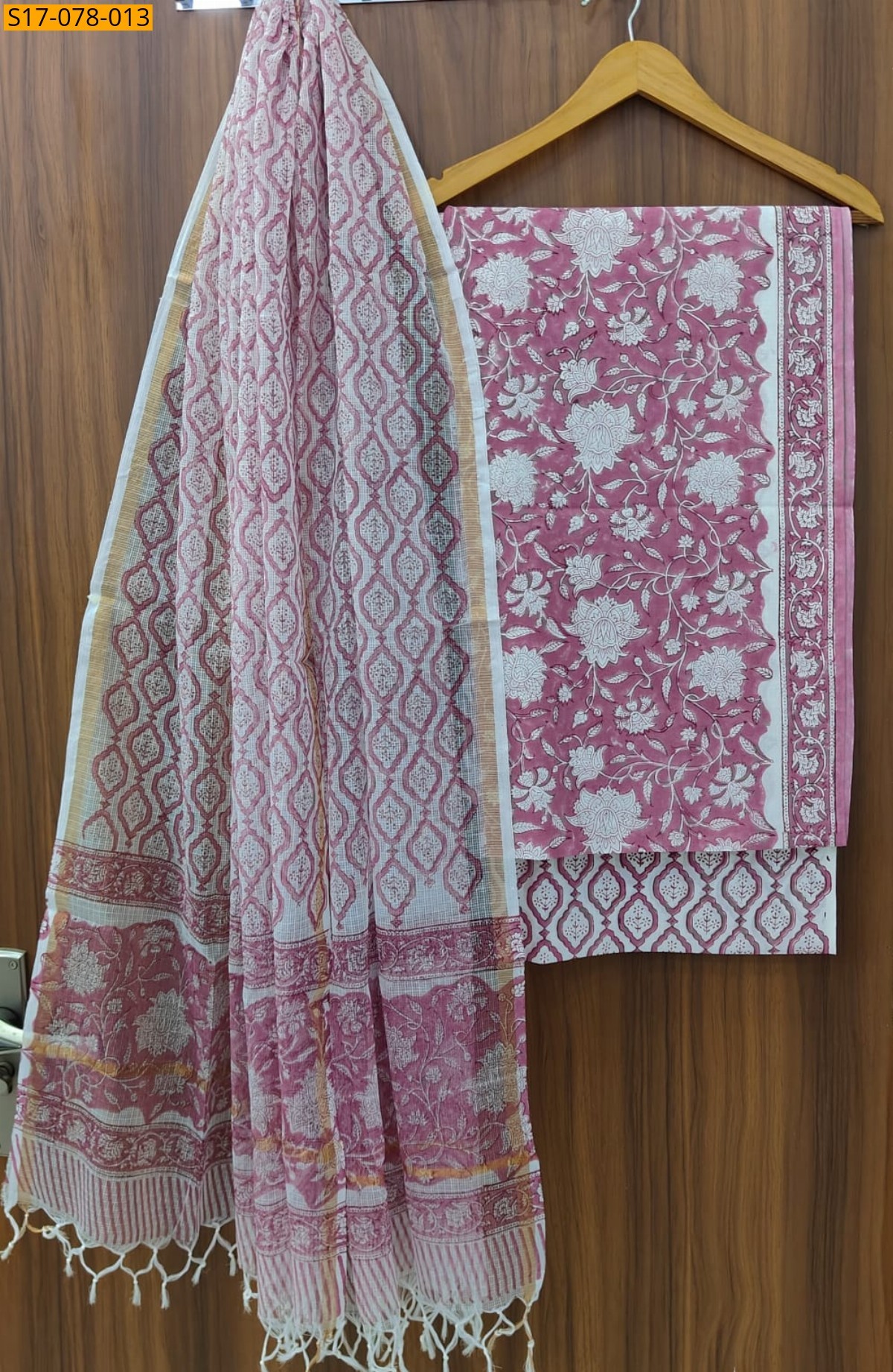Pink Cotton Suits with Kota Doriya Dupatta(Unstiched)