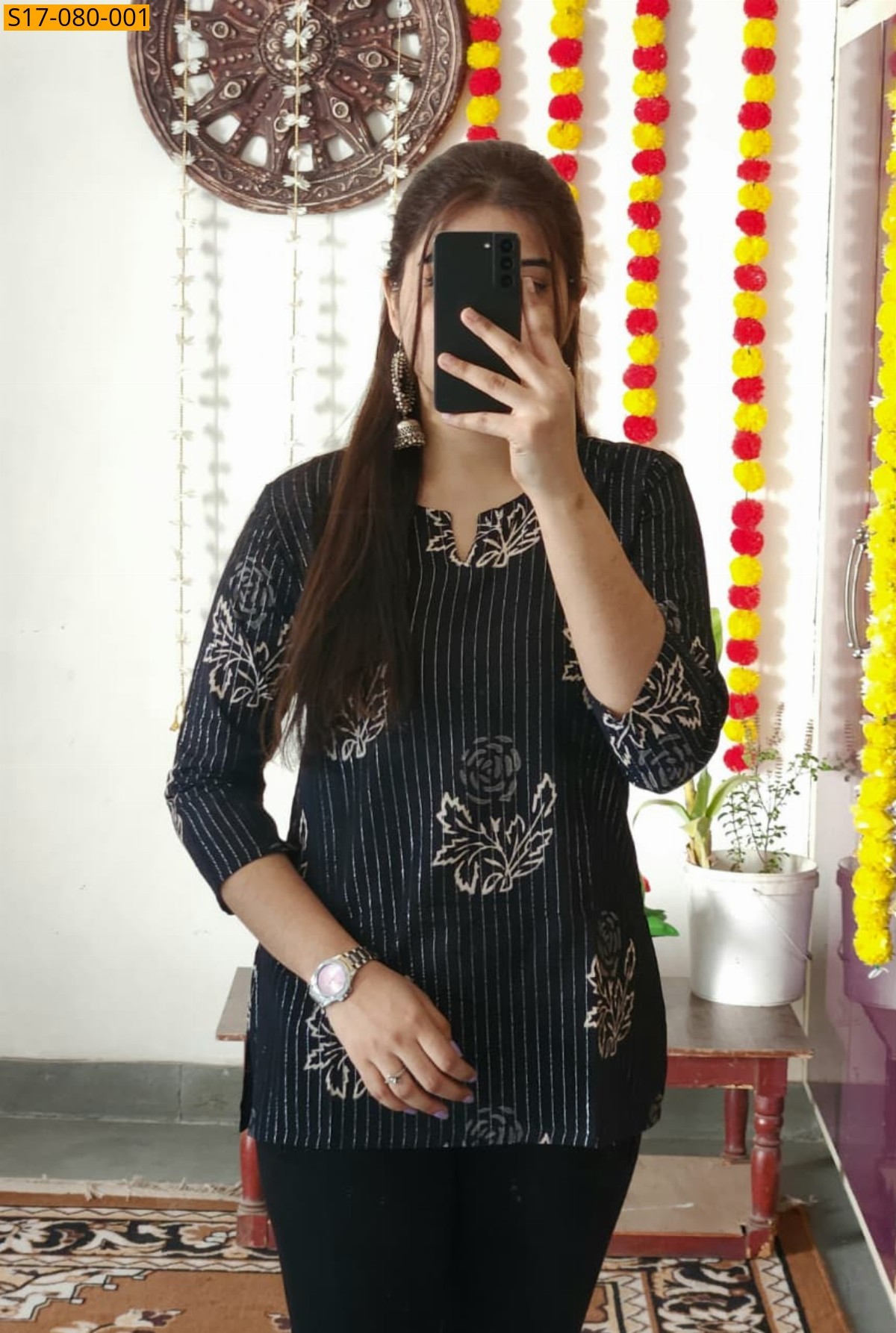 Black Cotton printed‎ short Top