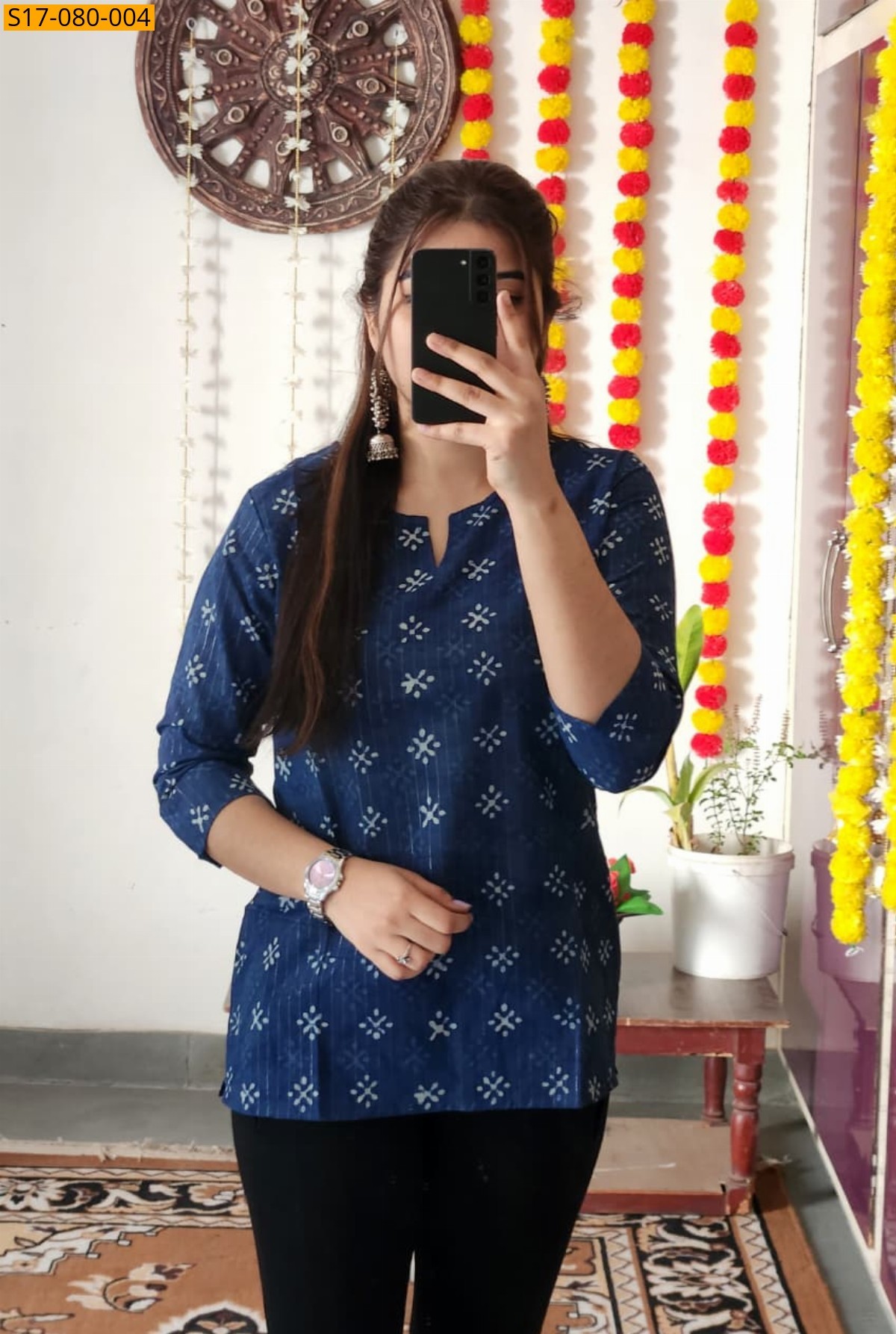 Navy blue Cotton printed‎ short Top