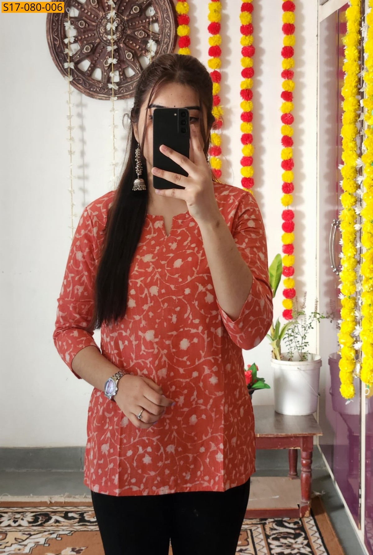 Orange Cotton printed‎ short Top