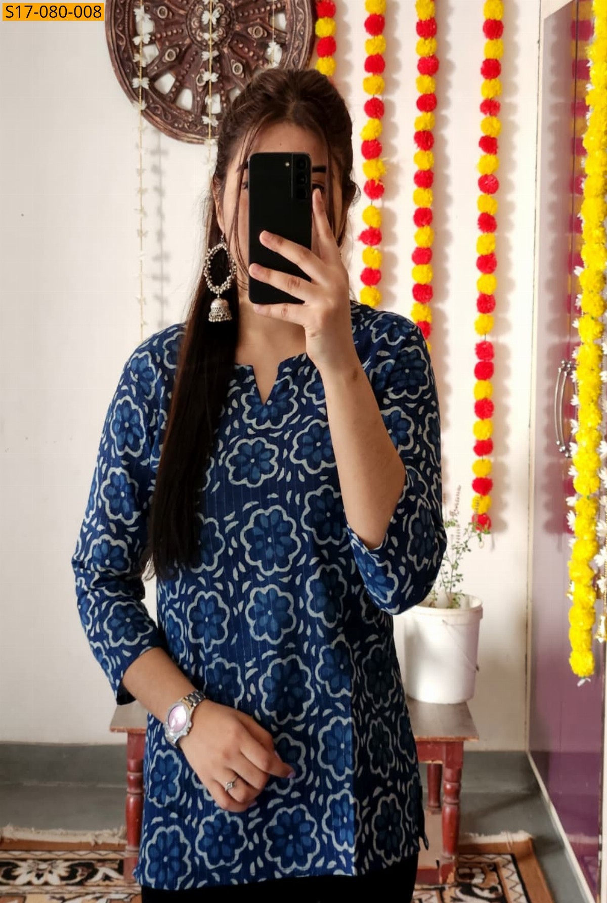 Blue Cotton printed‎ short Top