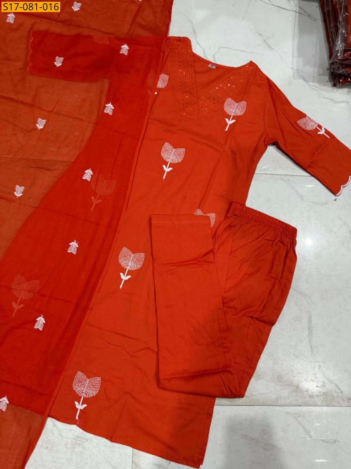 Orange Fancy Cotton Kurti  Three Piece Suit Set