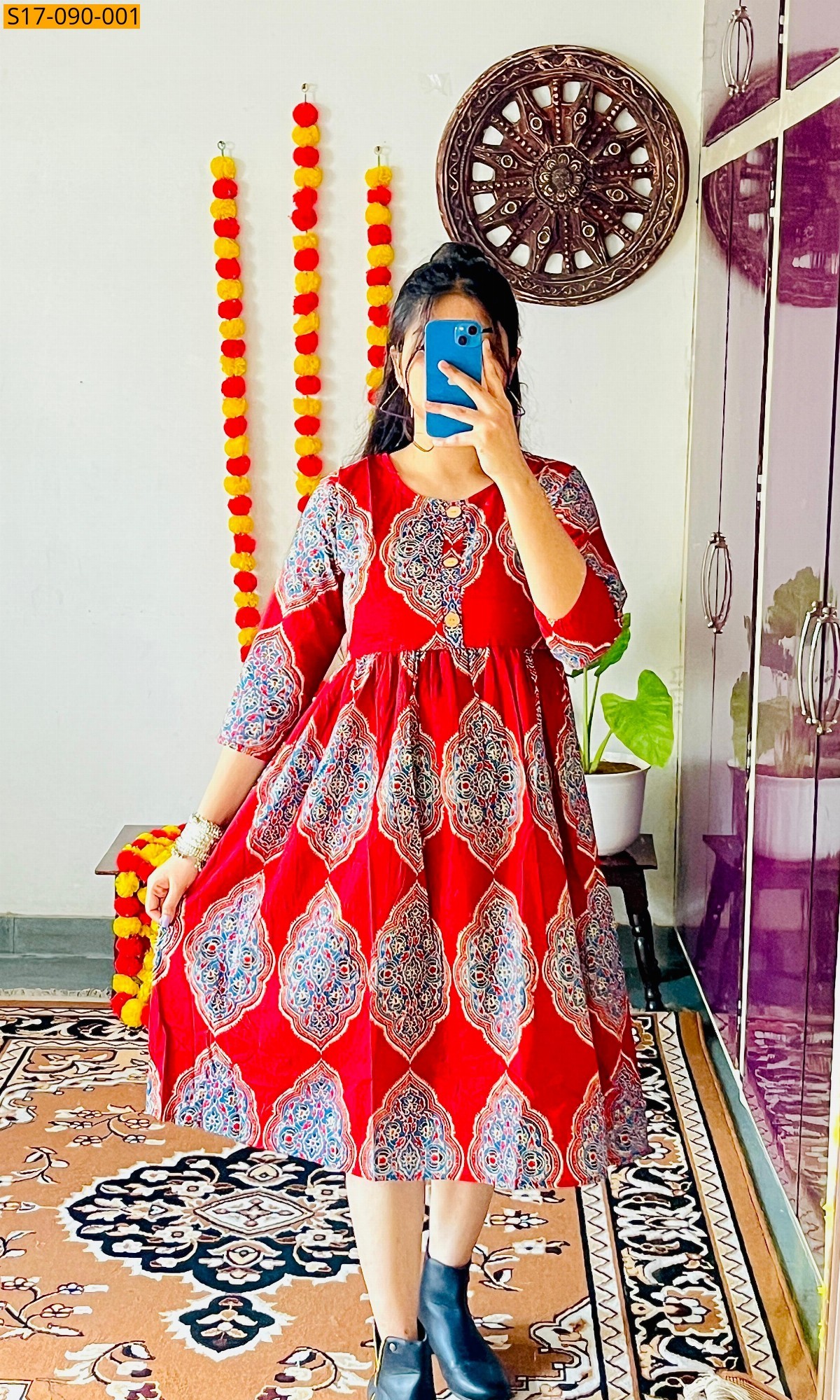 Red Cotton Hand Printed Knee Length Kurti