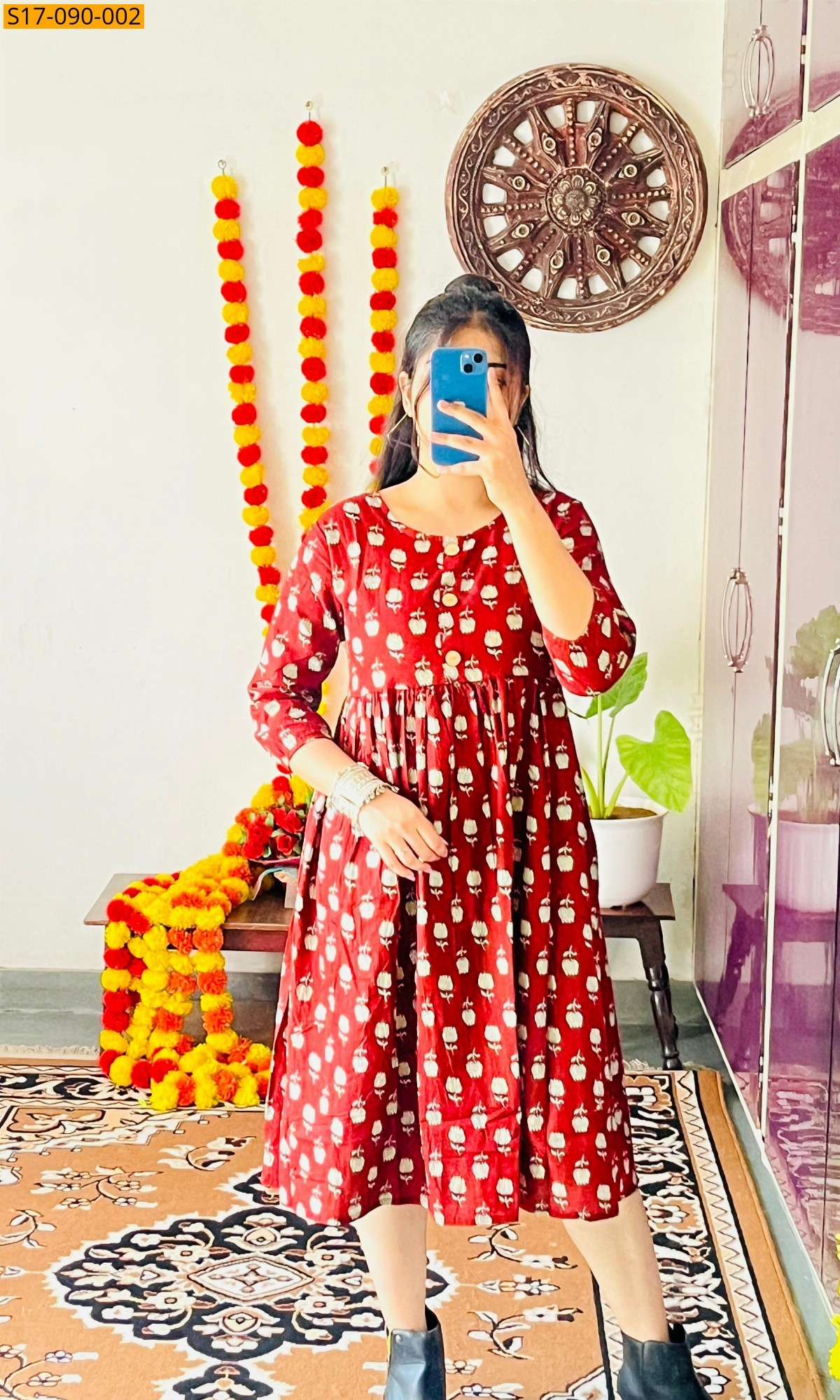 Red Cotton Hand Printed Knee Length Kurti