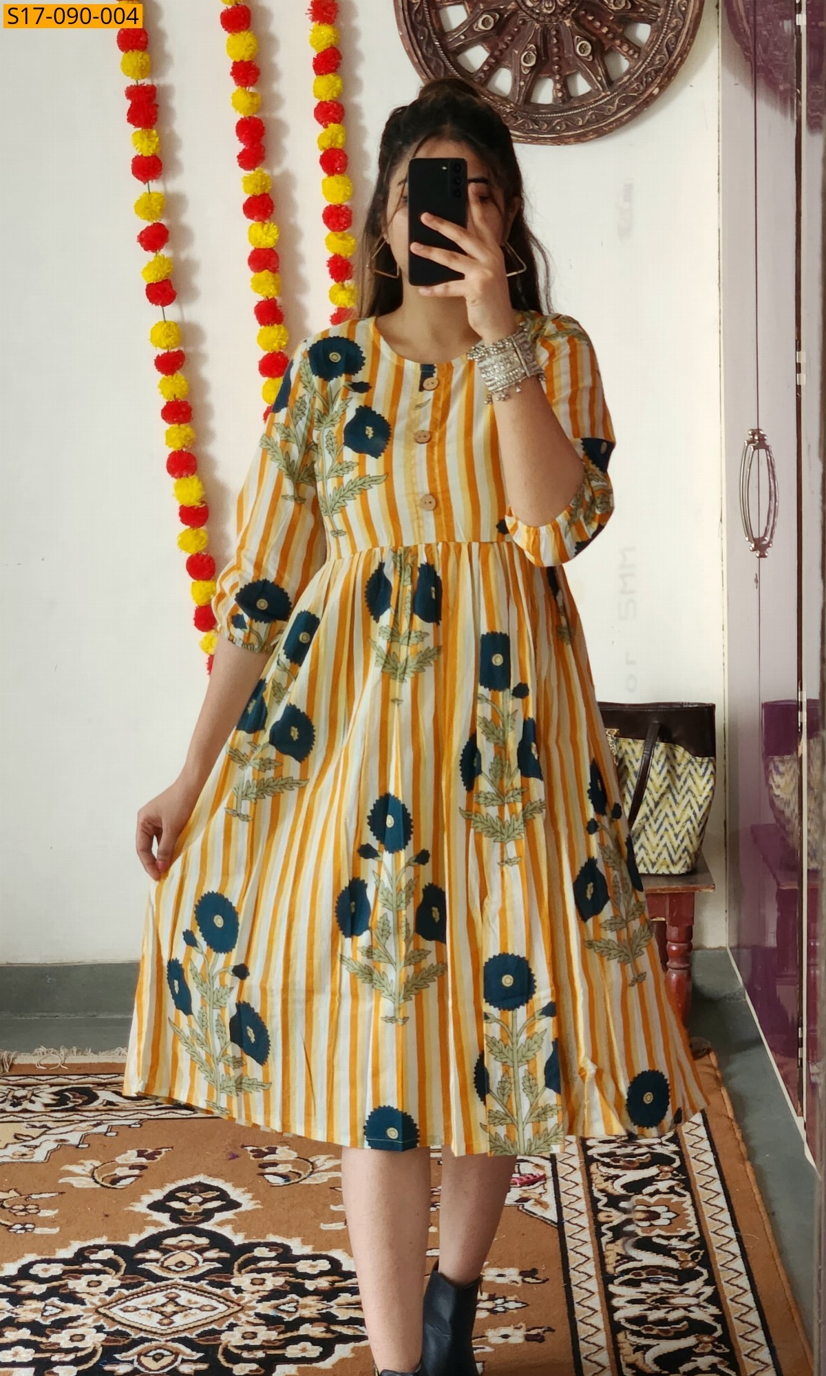 Yellow Cotton Hand Printed Knee Length Kurti