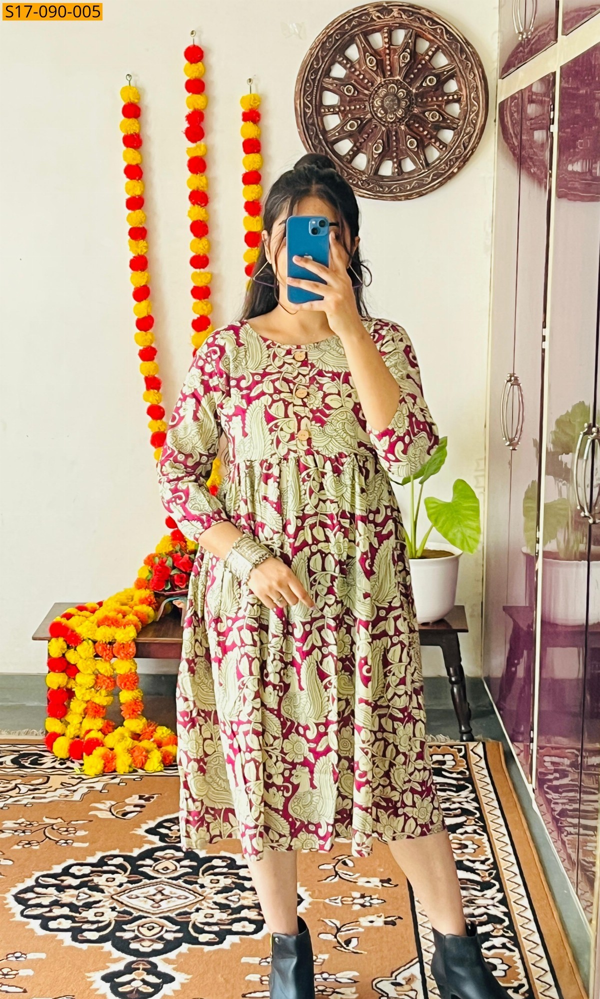 Light green Cotton Hand Printed Knee Length Kurti