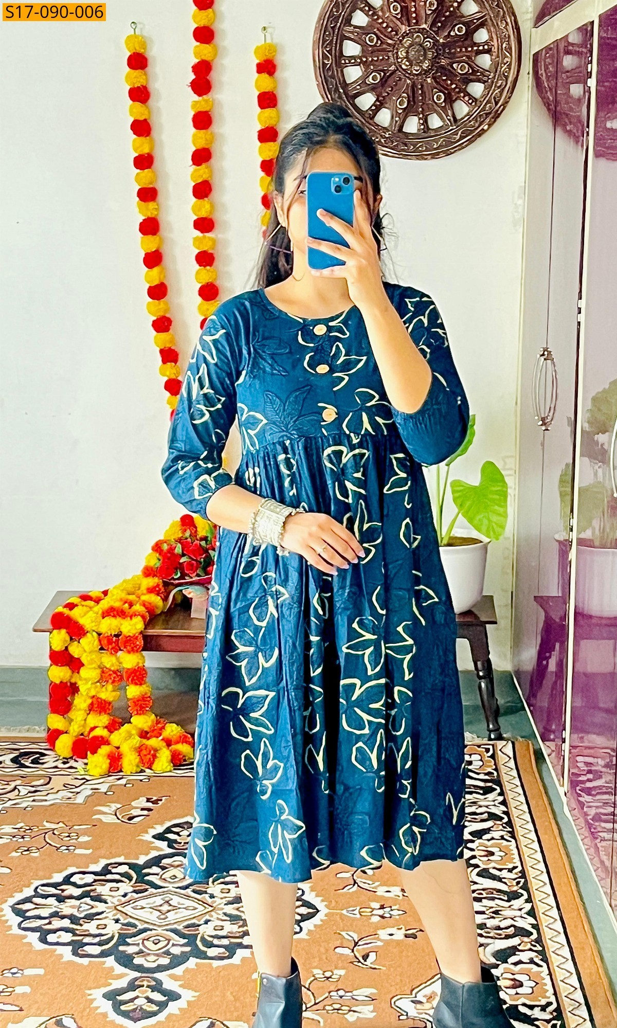 Blue Cotton Hand Printed Knee Length Kurti