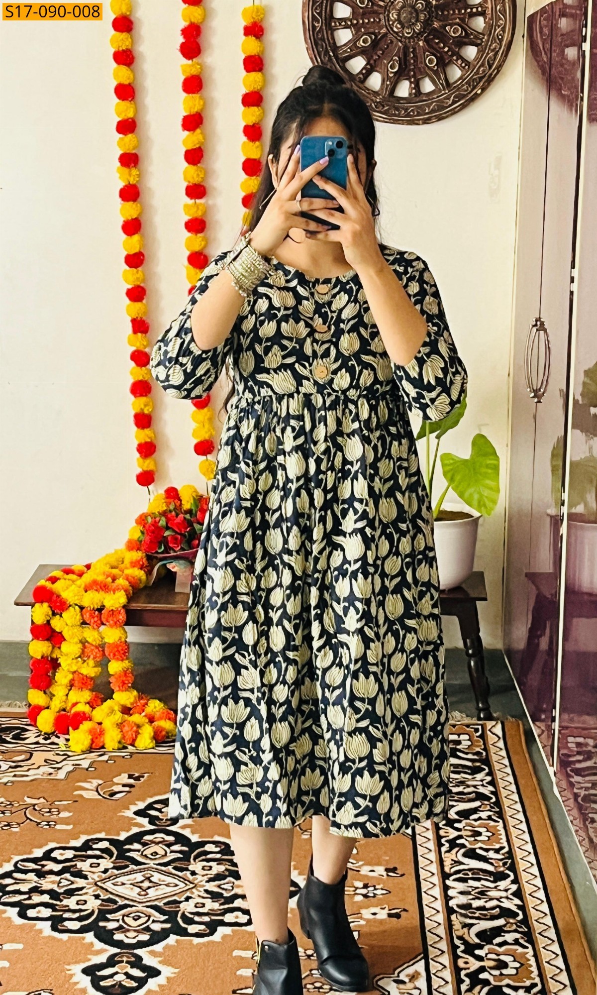 Half White Cotton Hand Printed Knee Length Kurti