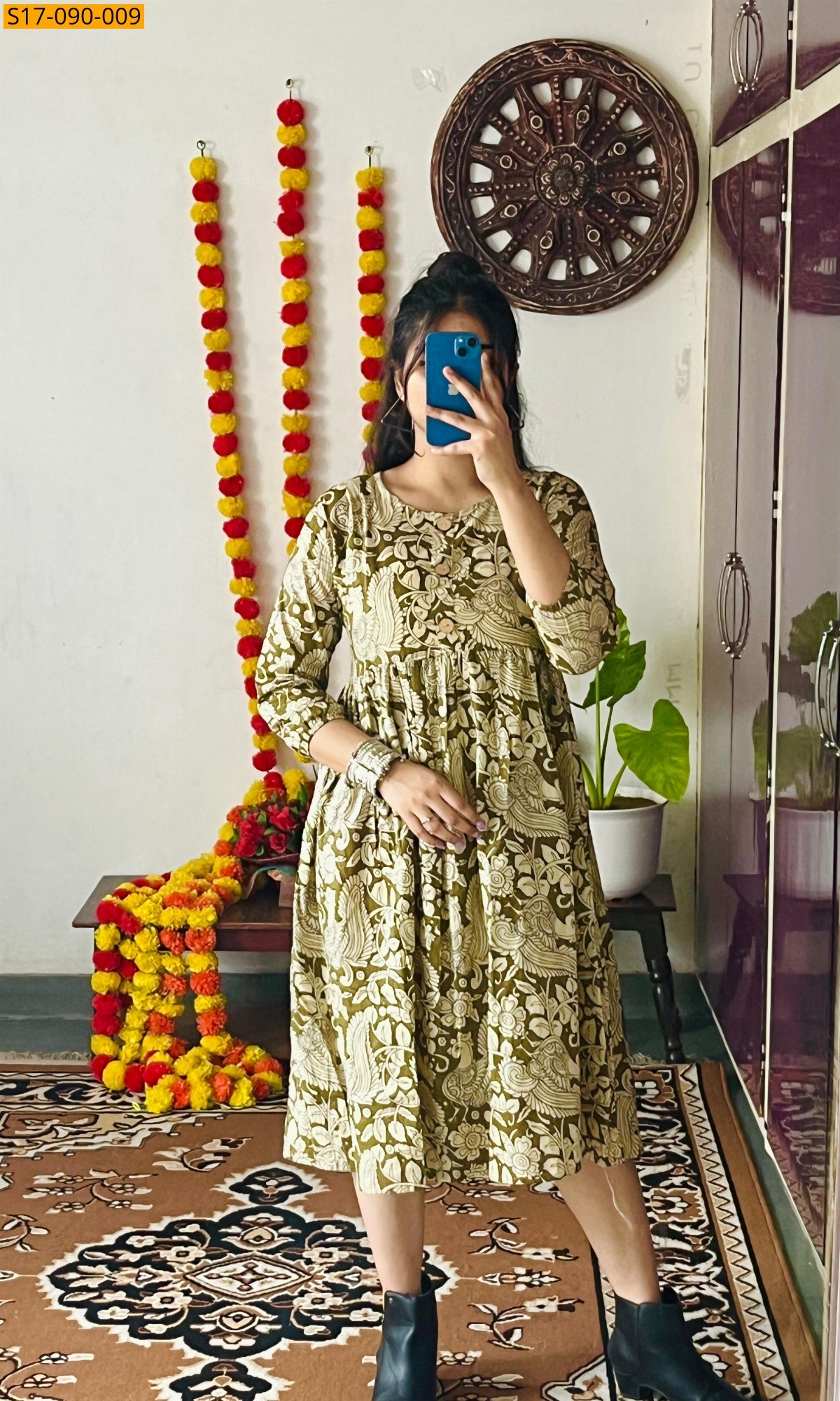 Olive Green Cotton Hand Printed Knee Length Kurti