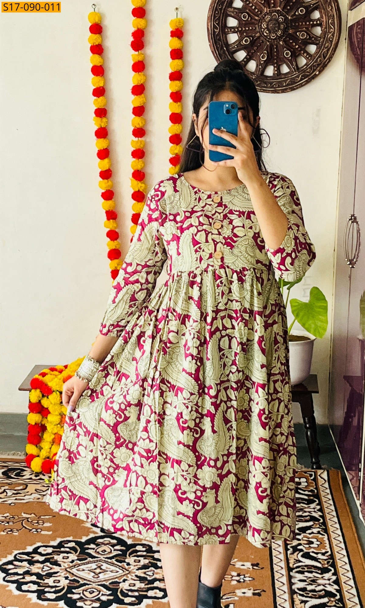 Half White Cotton Hand Printed Knee Length Kurti