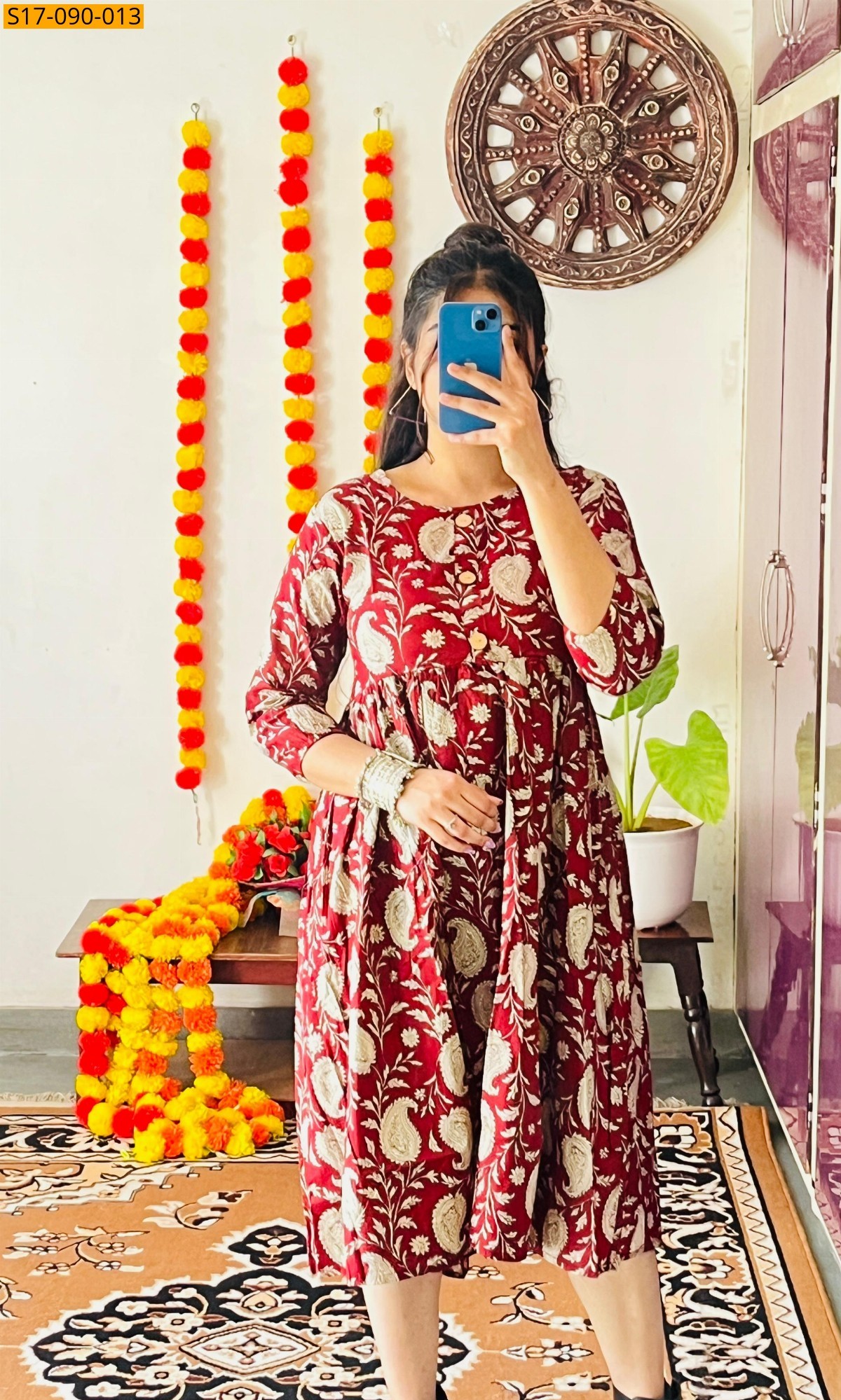 Maroon Cotton Hand Printed Knee Length Kurti