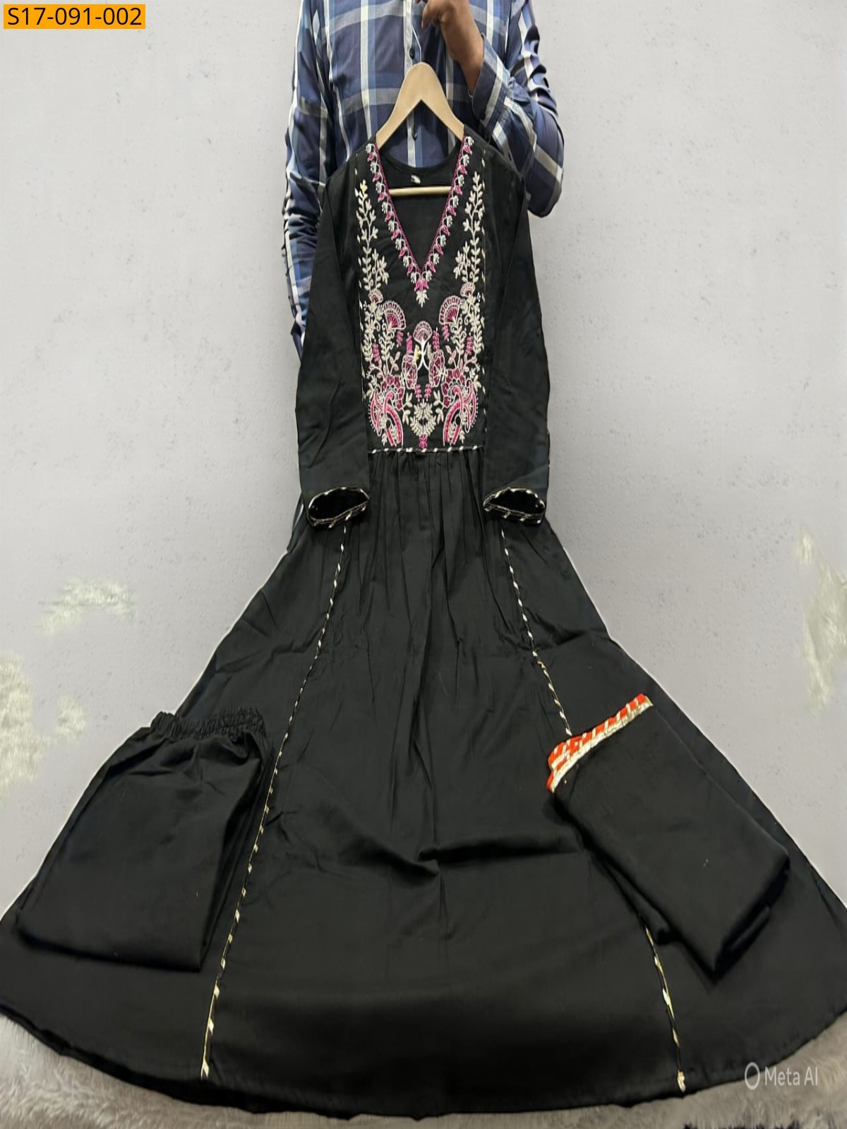 Black Fancy Cotton Kurti Three Piece Suit Set