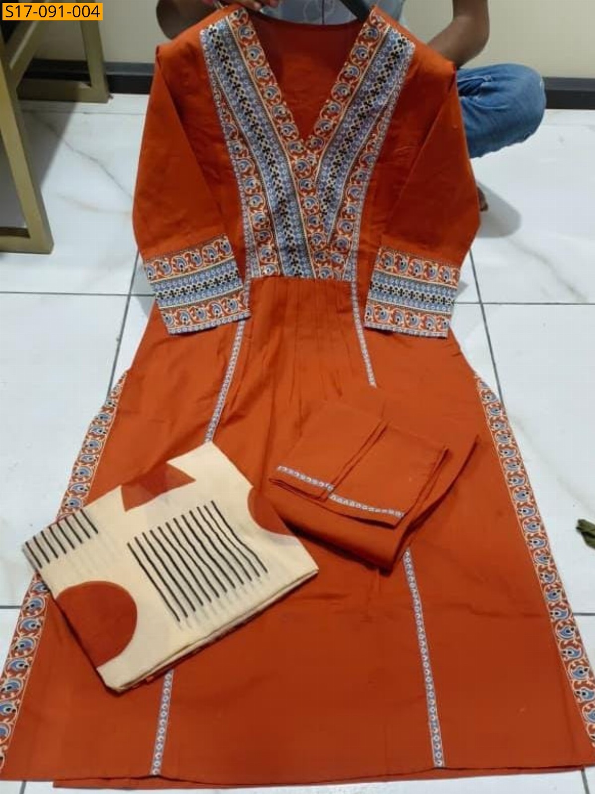 Orange Fancy Cotton Kurti Three Piece Suit Set
