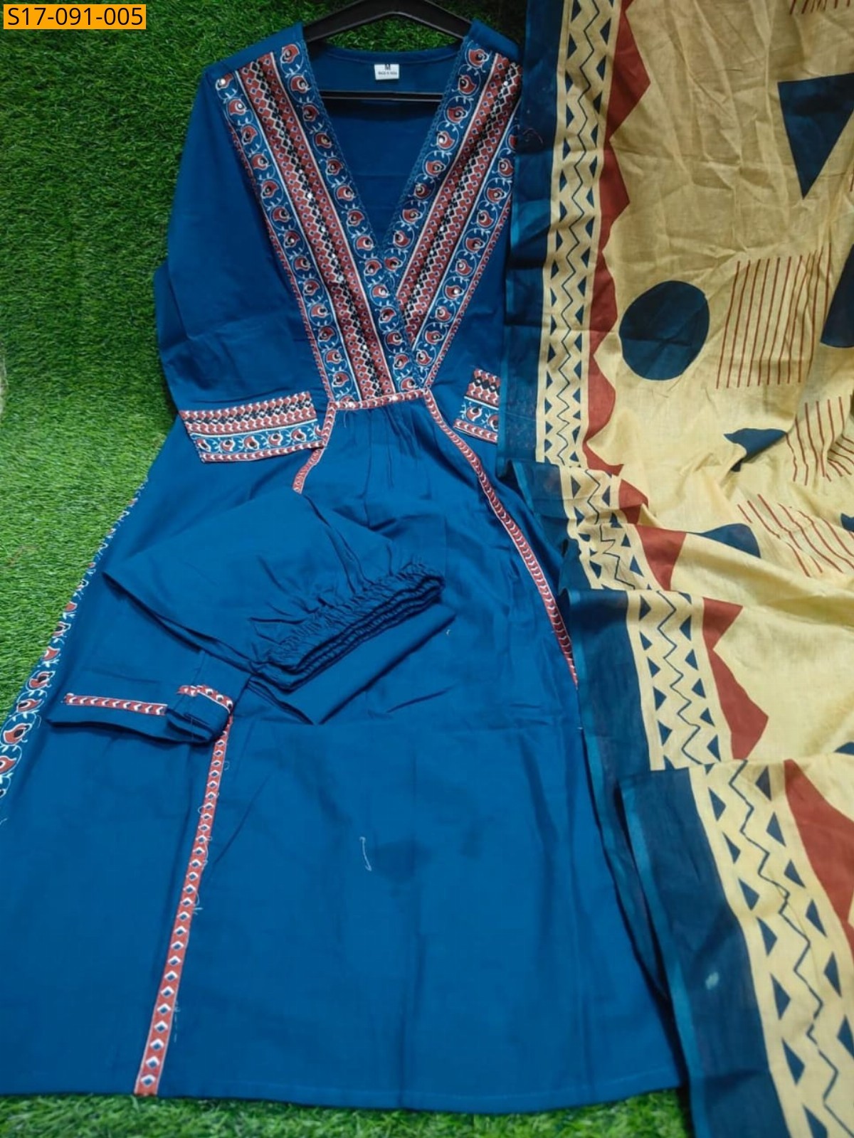 Blue Fancy Cotton Kurti Three Piece Suit Set