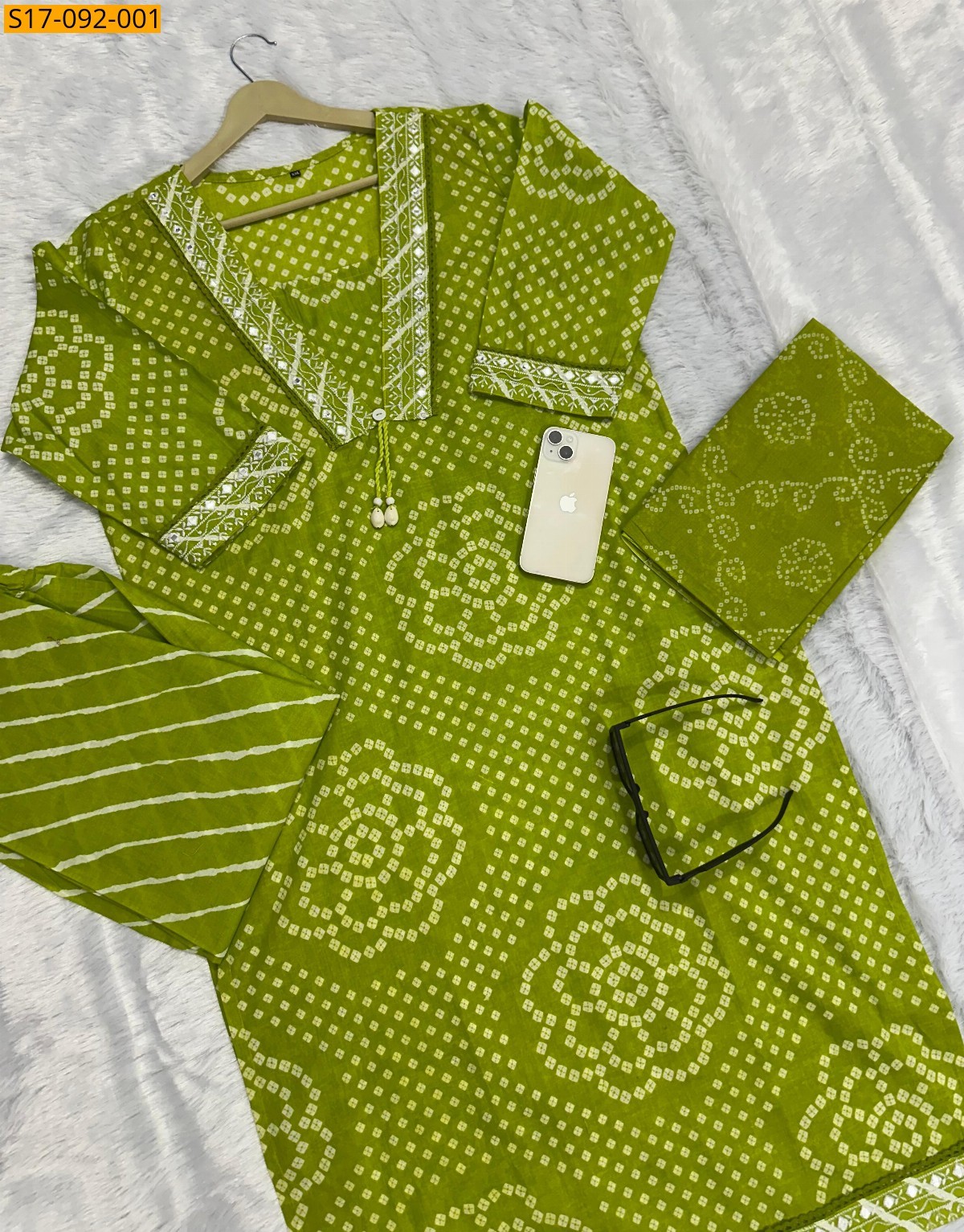 Green Fancy Cotton Kurti with plazzo dupatta set
