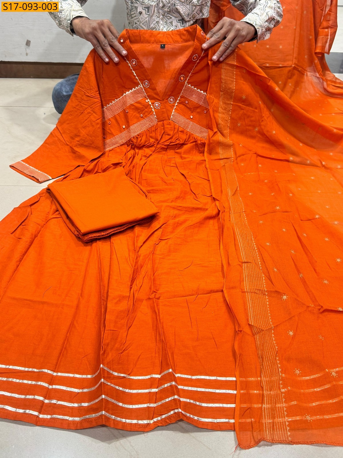 Orange Fancy Cotton Kurti Three Piece Suit Set