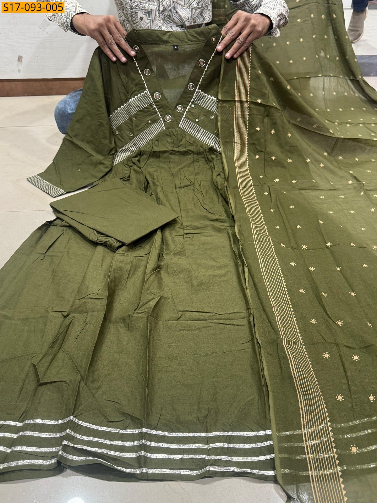 Green Fancy Cotton Kurti Three Piece Suit Set