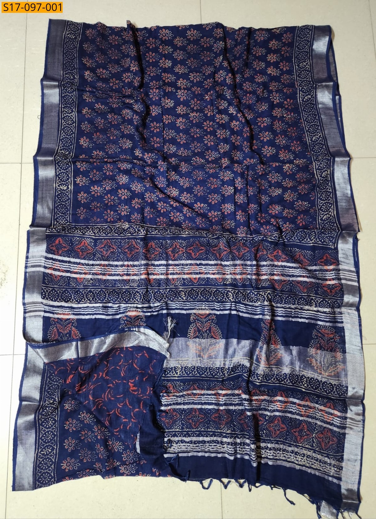 Navy Blue Handblock print linen cotton saree