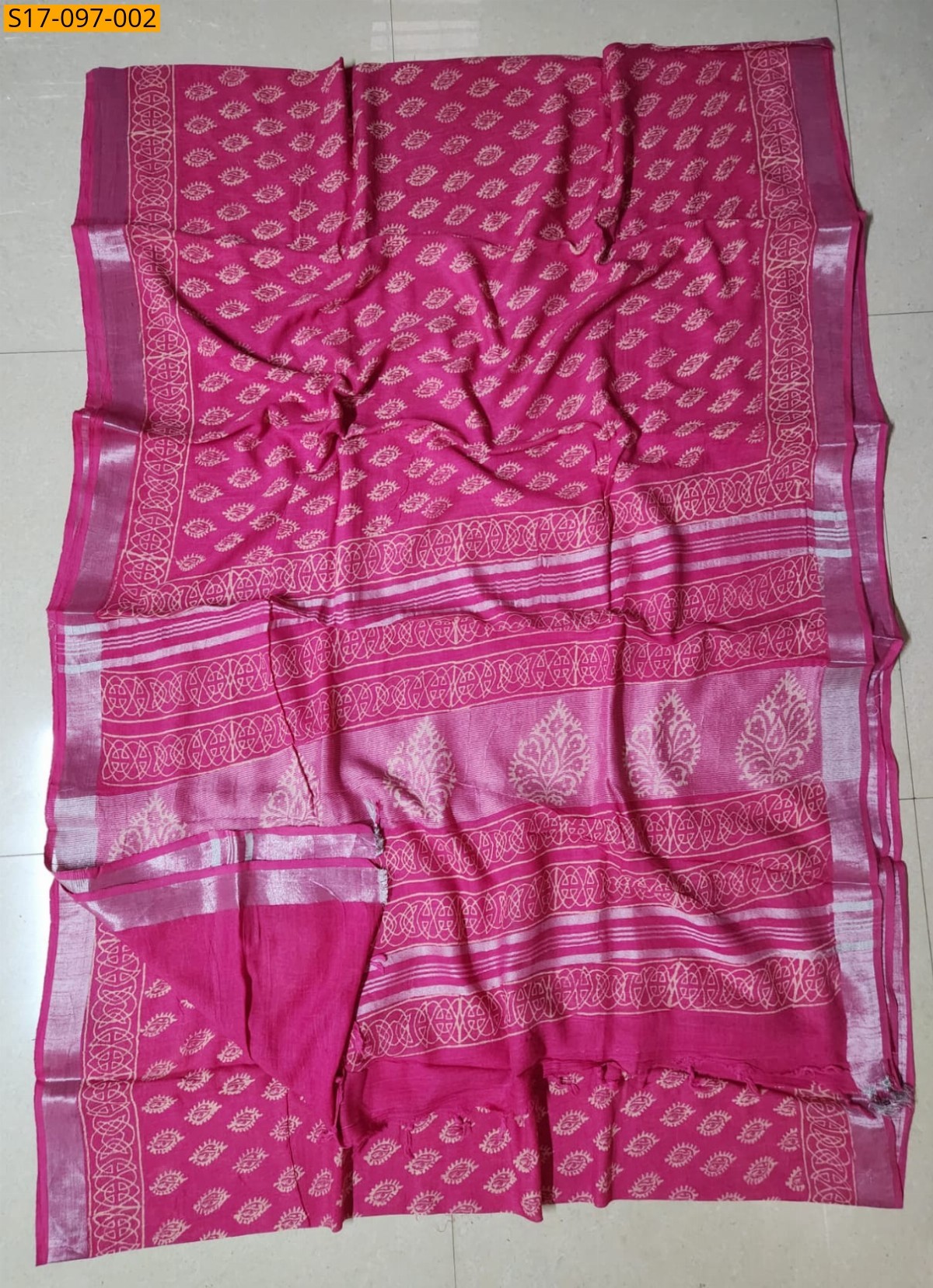 Pink Handblock print linen cotton saree