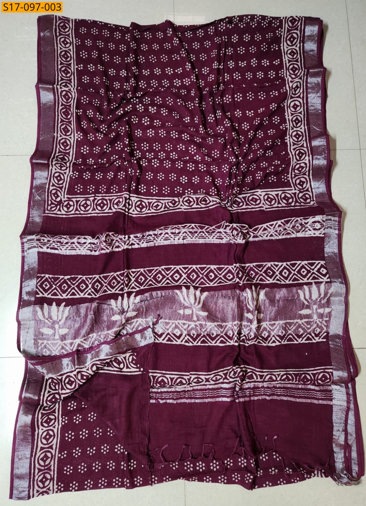 Handblock print linen cotton saree - Wine