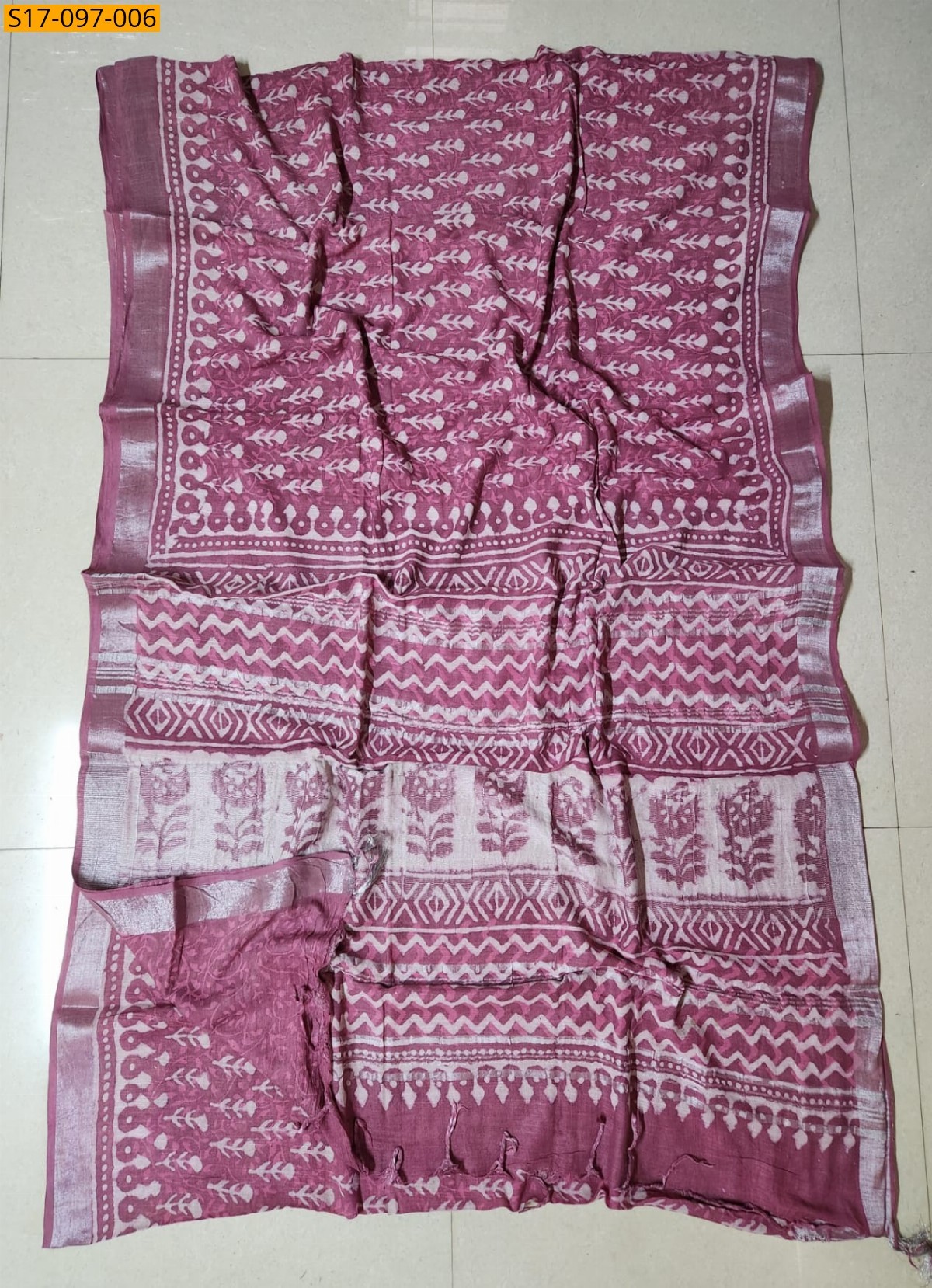 Onion Pink Handblock print linen cotton saree